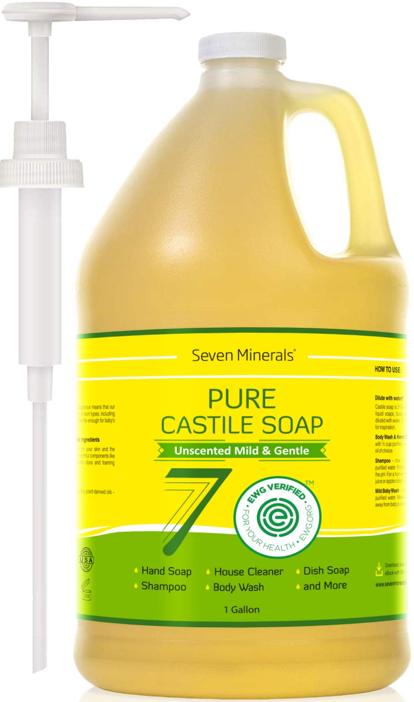 Seven Minerals EWG Verified Castile Soap - 1 Gallon, Unscented, Palm Oil Free, Vegan & Non-GMO