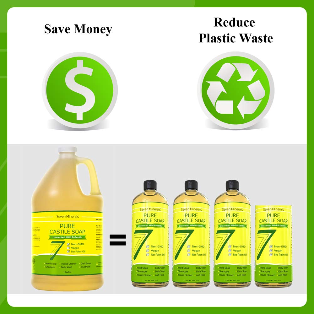 Seven Minerals EWG Verified Castile Soap - 1 Gallon, Unscented, Palm Oil Free, Vegan & Non-GMO