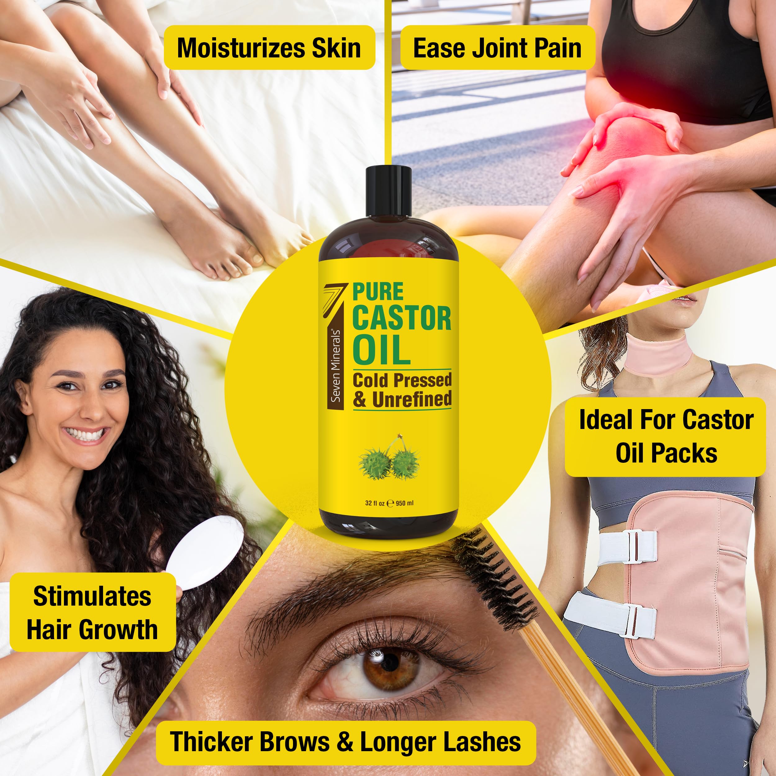Seven Minerals Pure Cold Pressed Castor Oil – 32 oz Hexane-Free, Unrefined