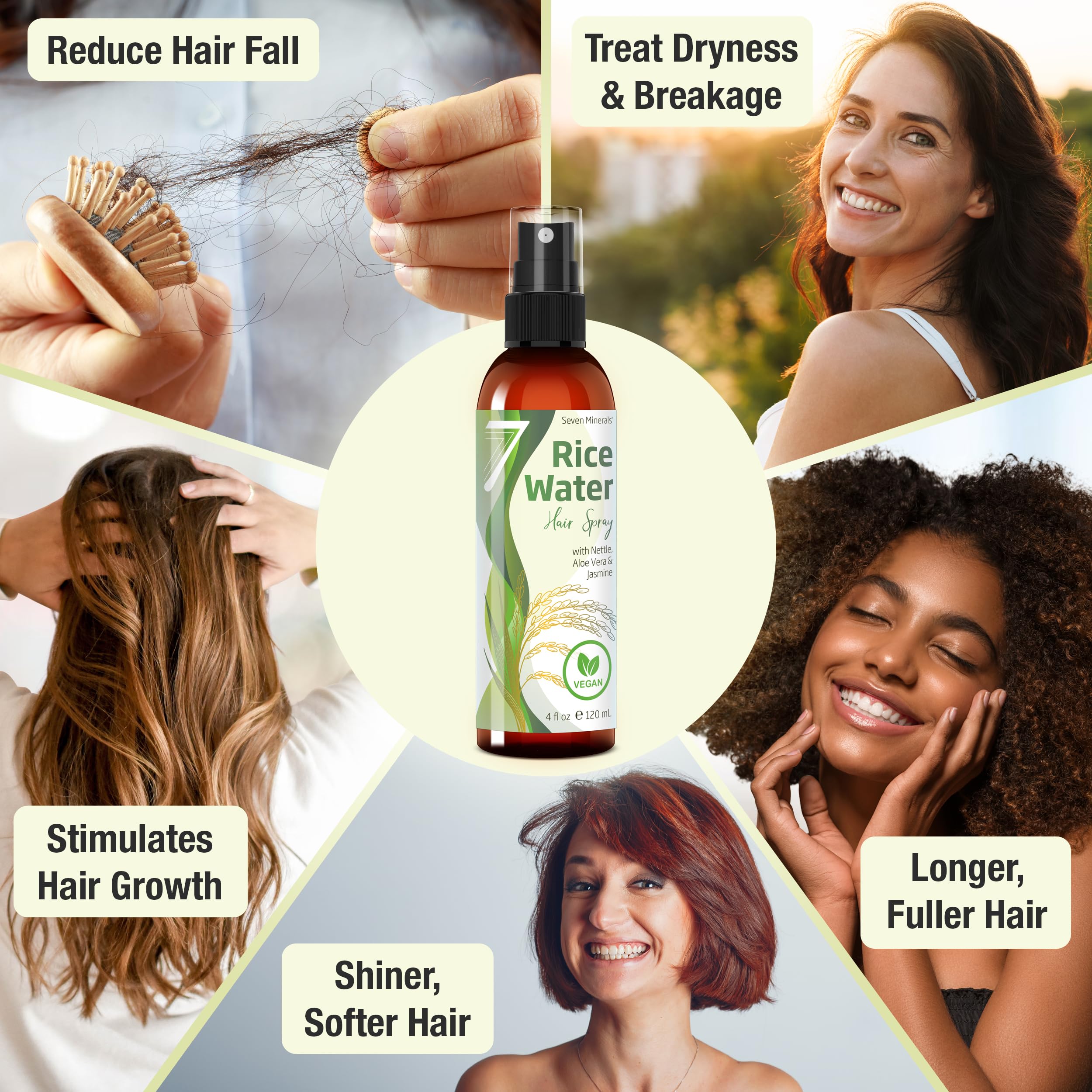 Seven Minerals Fermented Rice Water Spray for Hair Growth – Nettle, Aloe Vera & Jasmine | Vegan, Non-Greasy (4 oz)