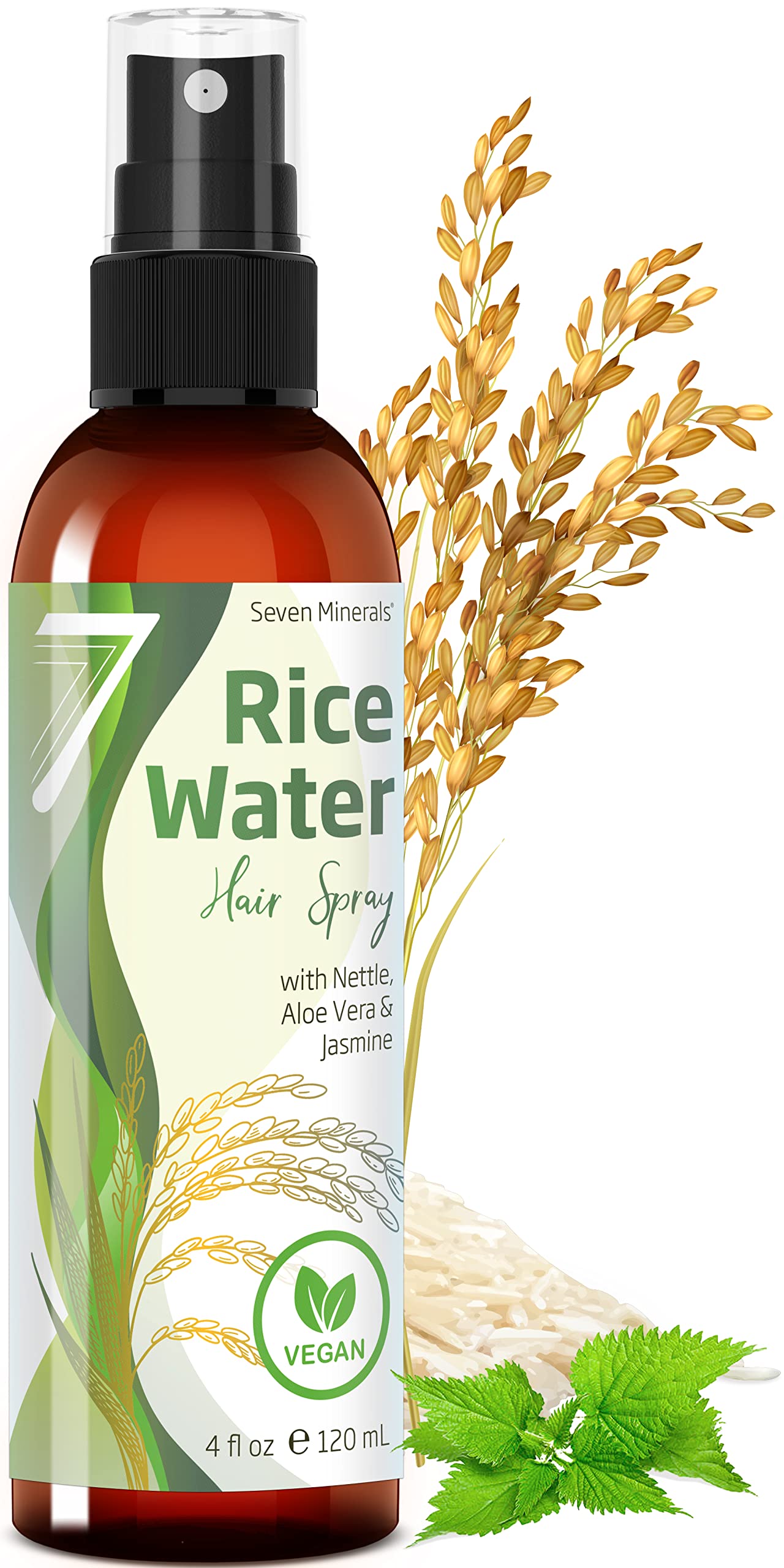 Seven Minerals Fermented Rice Water Spray for Hair Growth – Nettle, Aloe Vera & Jasmine | Vegan, Non-Greasy (4 oz)