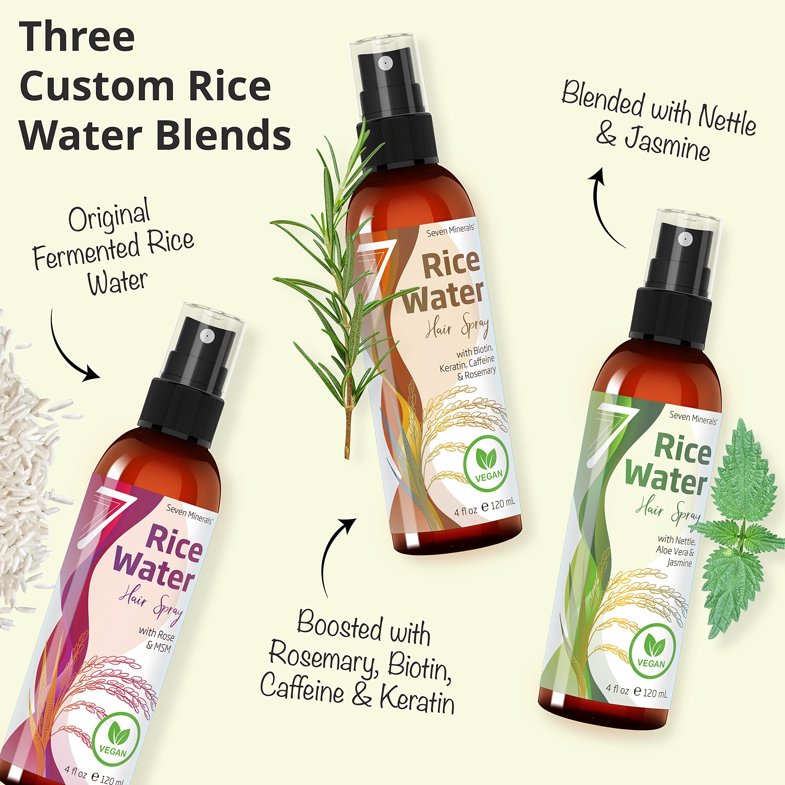Seven Minerals Fermented Rice Water Spray for Hair Growth – Nettle, Aloe Vera & Jasmine | Vegan, Non-Greasy (4 oz)