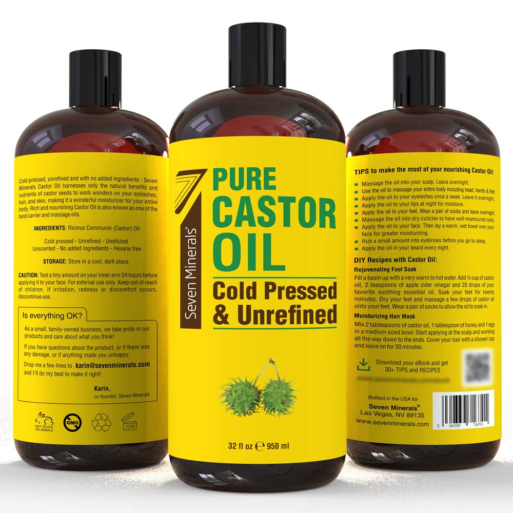 Seven Minerals Pure Cold Pressed Castor Oil – 32 oz Hexane-Free, Unrefined