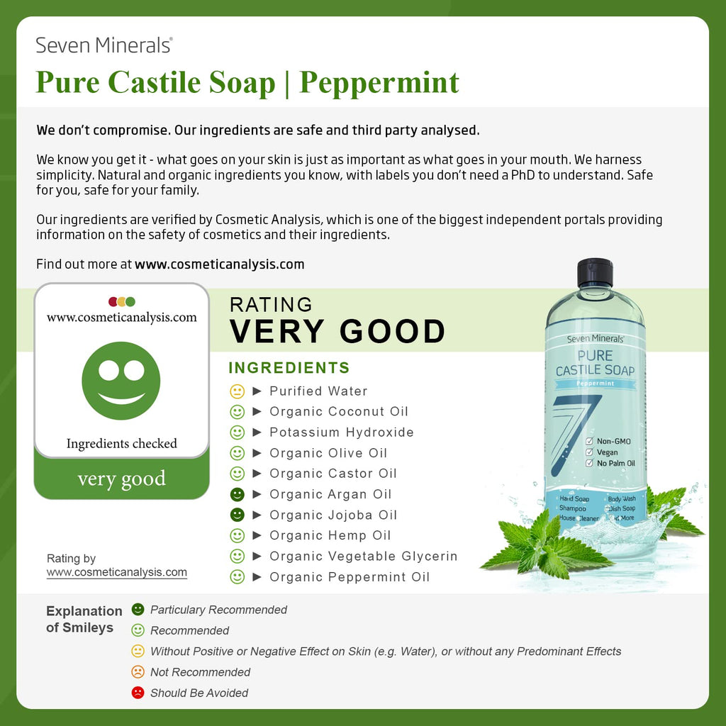 Seven Minerals Pure Peppermint Castile Soap – Palm Oil Free, Vegan, 33.8 oz