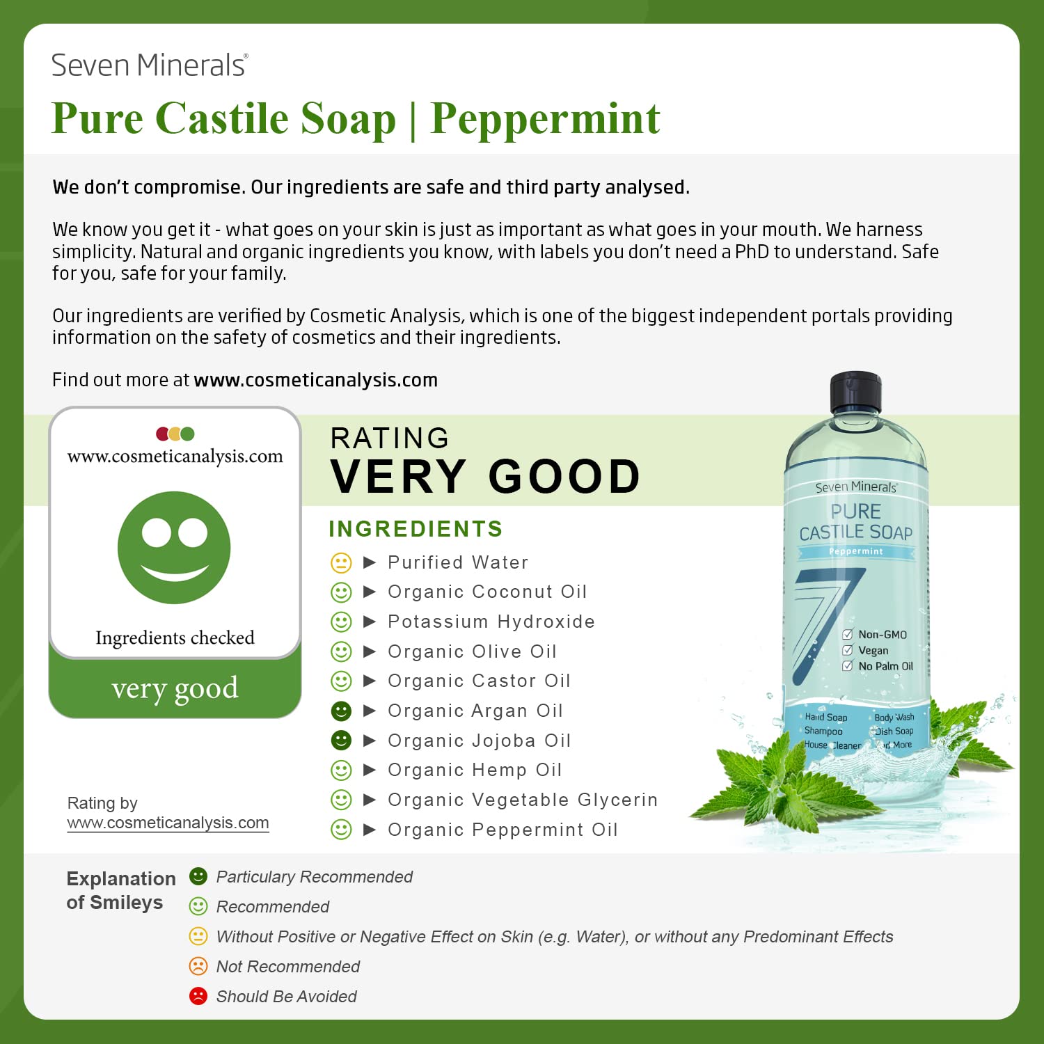 Seven Minerals Pure Peppermint Castile Soap – Palm Oil Free, Vegan, 33.8 oz