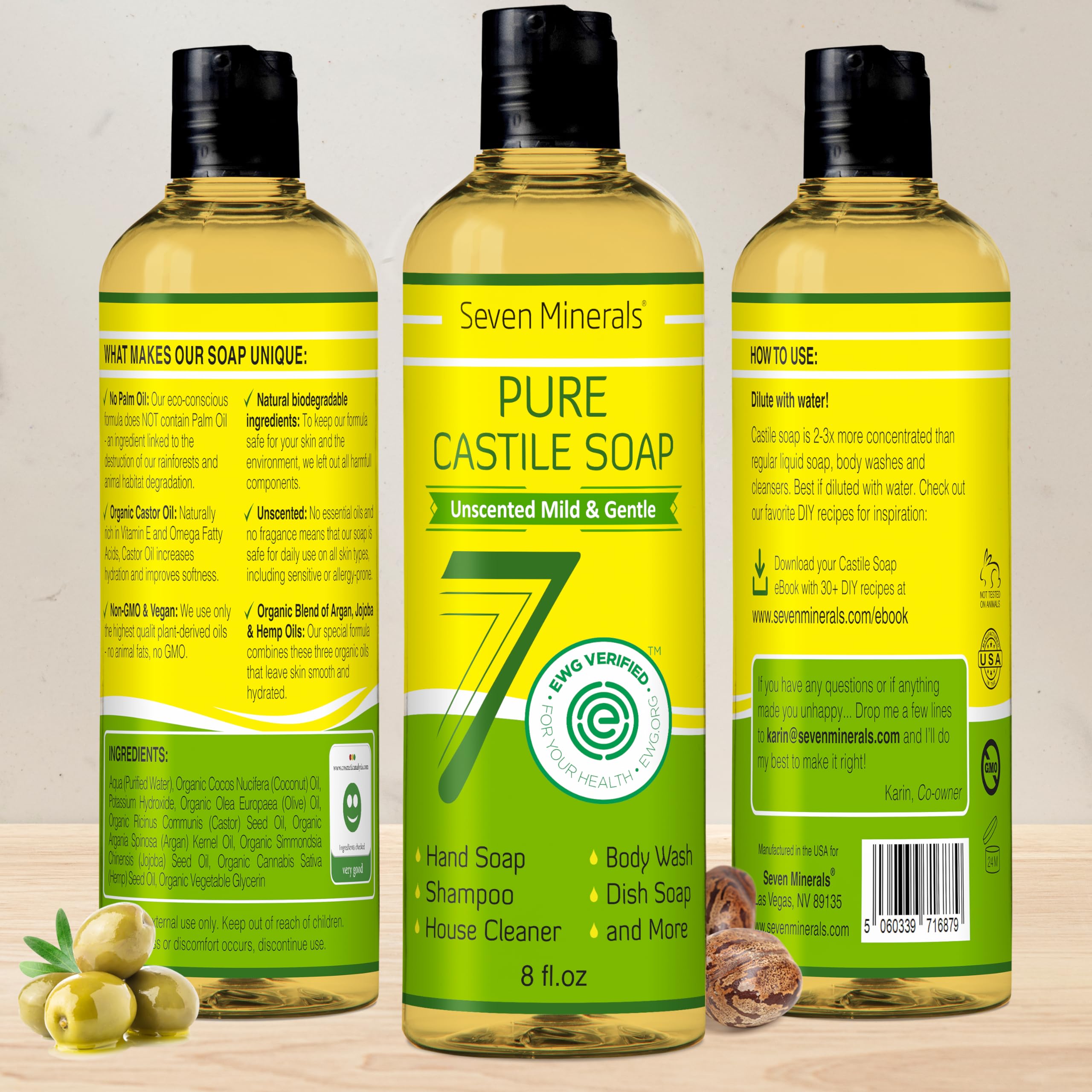 Seven Minerals Pure Castile Soap – No Palm Oil, GMO-Free, Gentle Liquid Soap for Sensitive Skin & Baby (8 oz)
