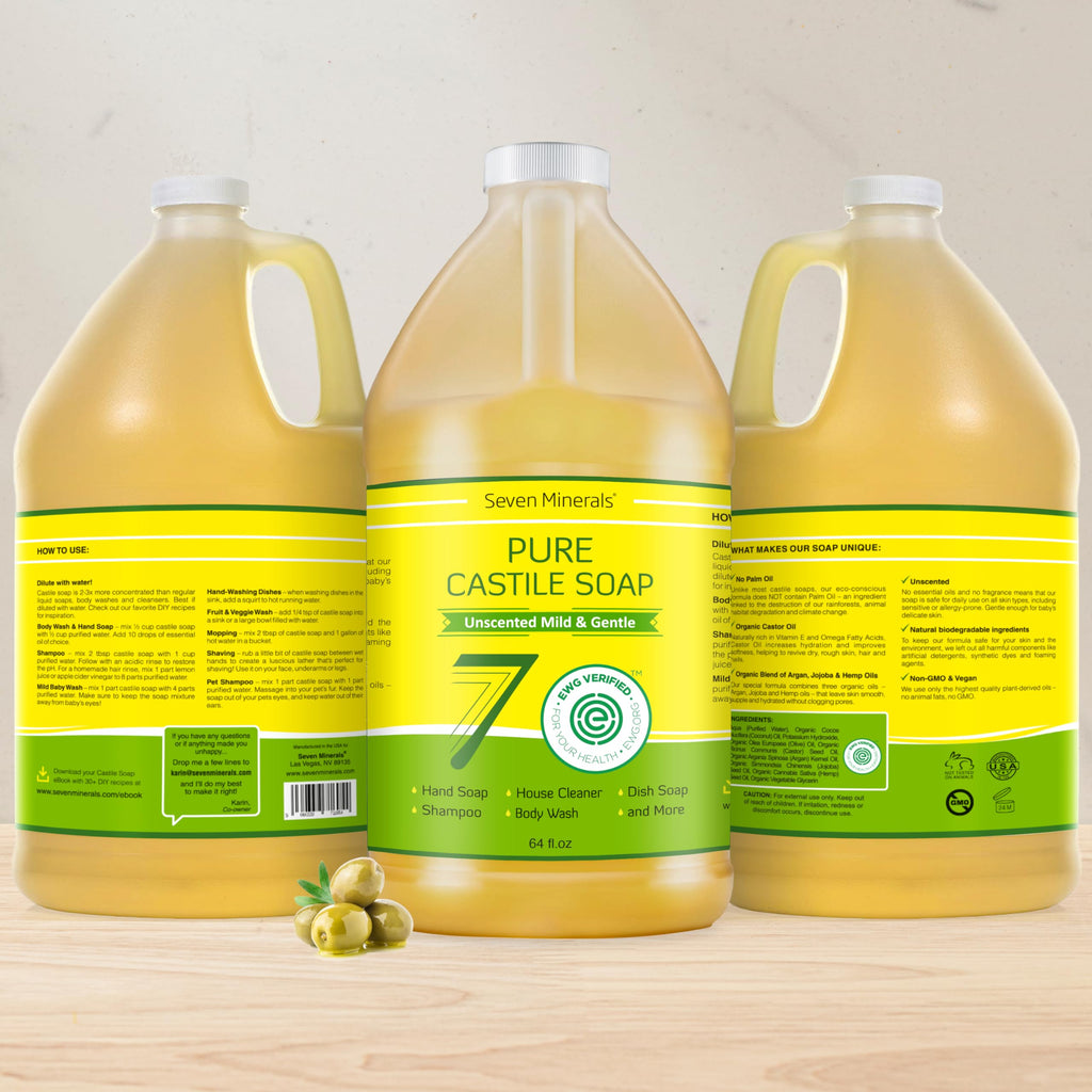 Seven Minerals Pure Castile Soap - No Palm Oil, GMO-Free, Unscented (64 fl oz)
