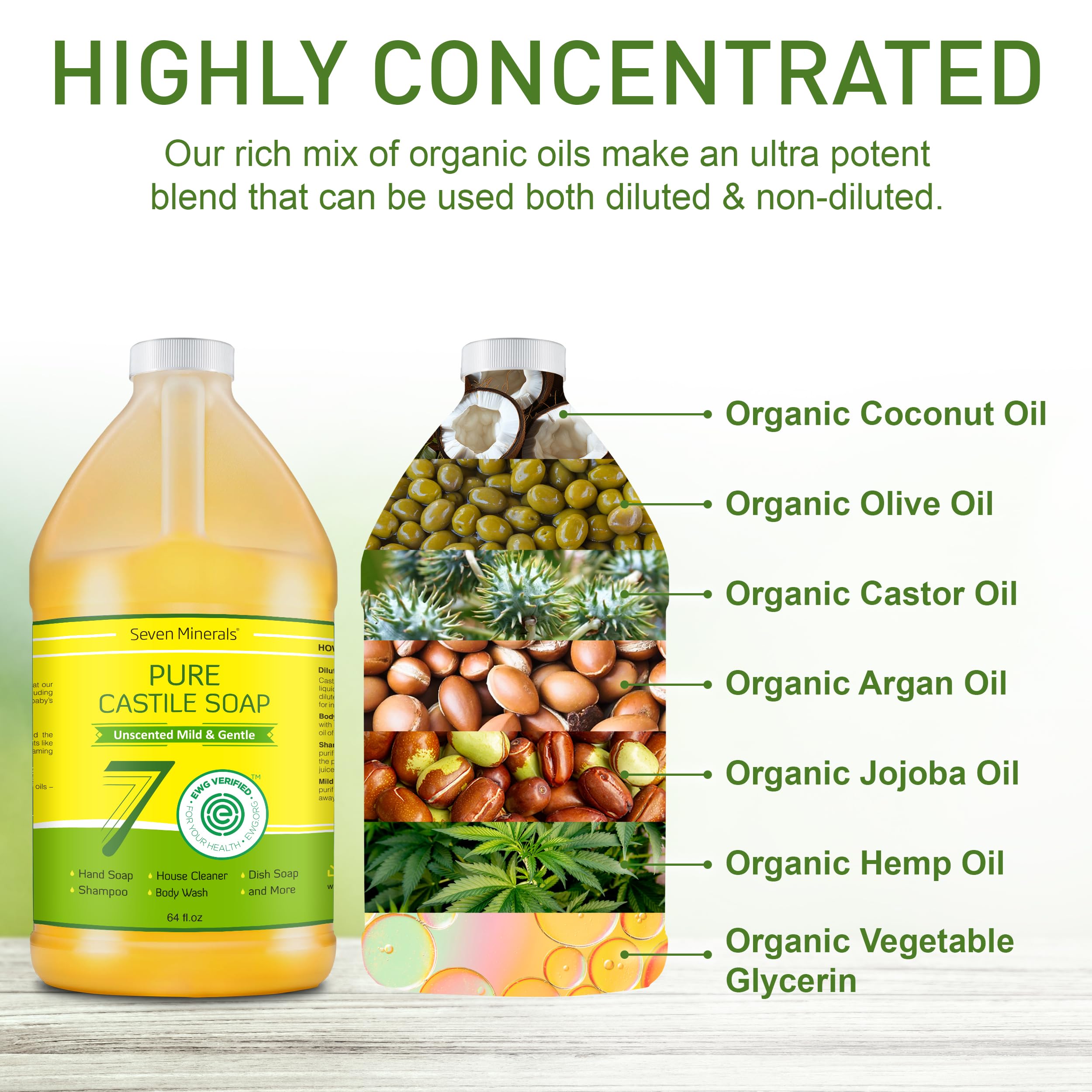 Seven Minerals Pure Castile Soap - No Palm Oil, GMO-Free, Unscented (64 fl oz)