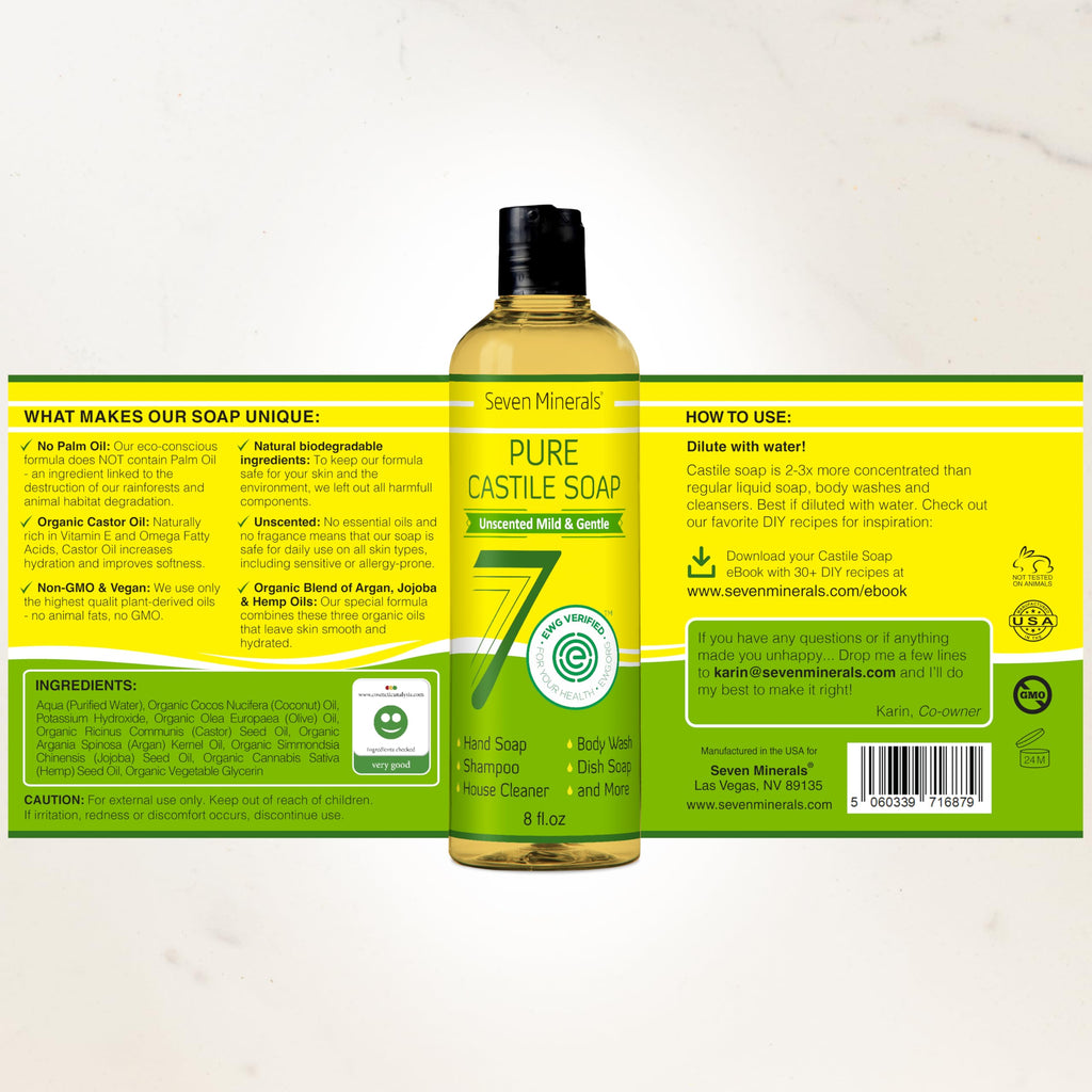 Seven Minerals Pure Castile Soap – No Palm Oil, GMO-Free, Gentle Liquid Soap for Sensitive Skin & Baby (8 oz)