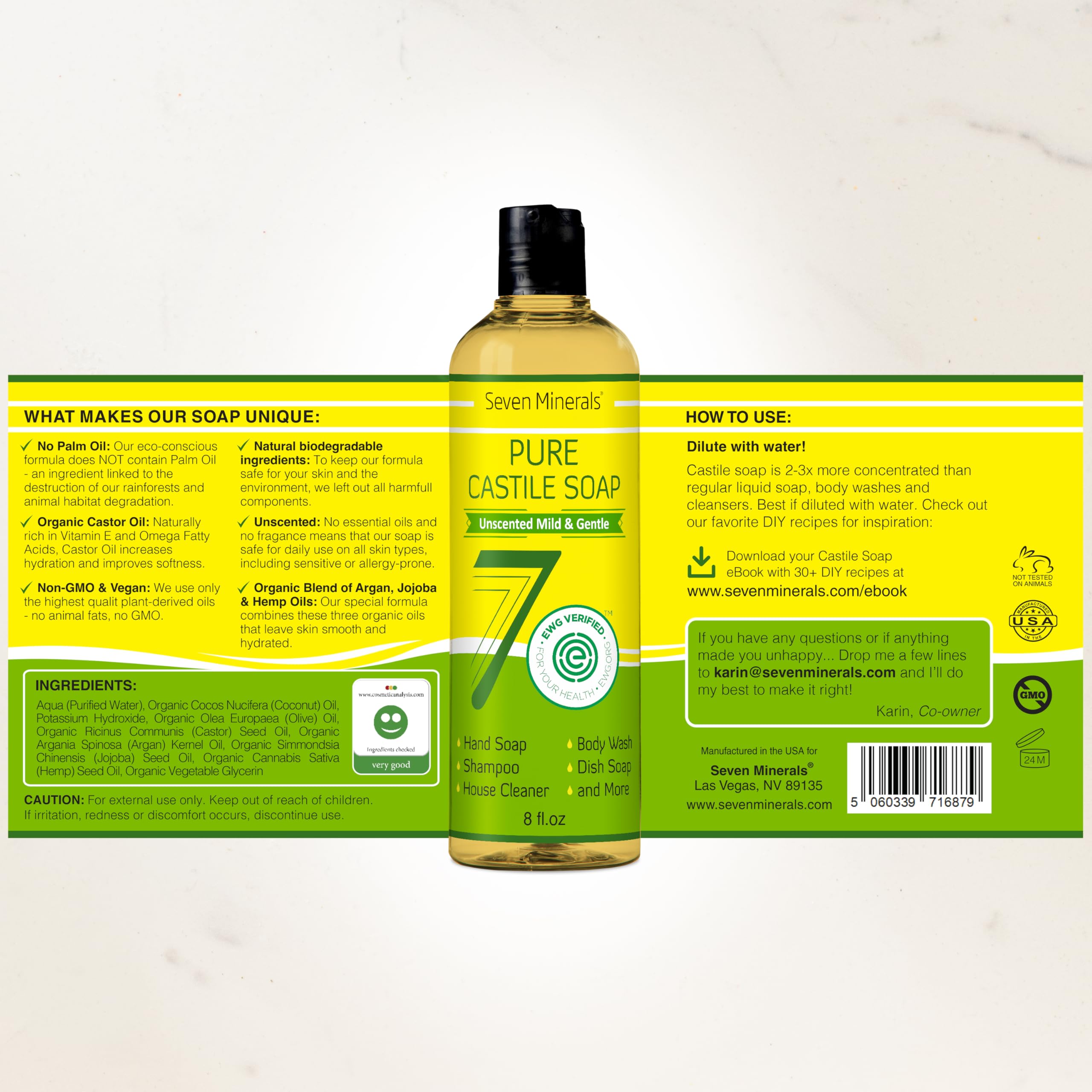Seven Minerals Pure Castile Soap – No Palm Oil, GMO-Free, Gentle Liquid Soap for Sensitive Skin & Baby (8 oz)