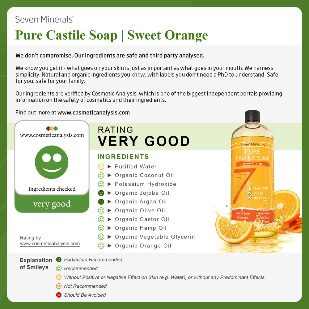 Seven Minerals Pure Castile Soap – Sweet Orange | Palm-Oil Free, GMO-Free, Gentle Baby & Sensitive Skin Wash (33.8 fl oz)
