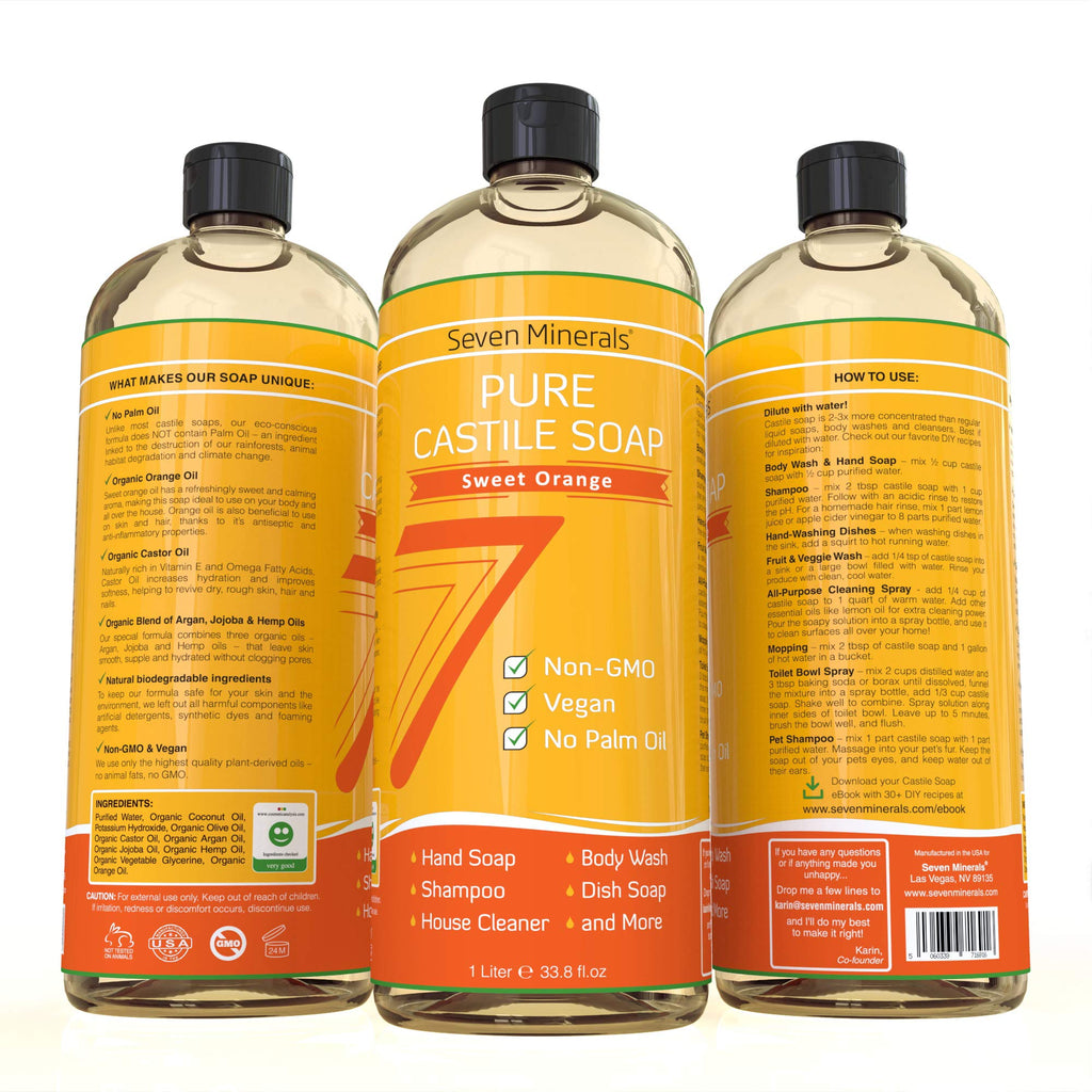 Seven Minerals Pure Castile Soap – Sweet Orange | Palm-Oil Free, GMO-Free, Gentle Baby & Sensitive Skin Wash (33.8 fl oz)