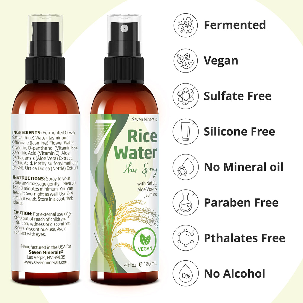 Seven Minerals Fermented Rice Water Spray for Hair Growth – Nettle, Aloe Vera & Jasmine | Vegan, Non-Greasy (4 oz)