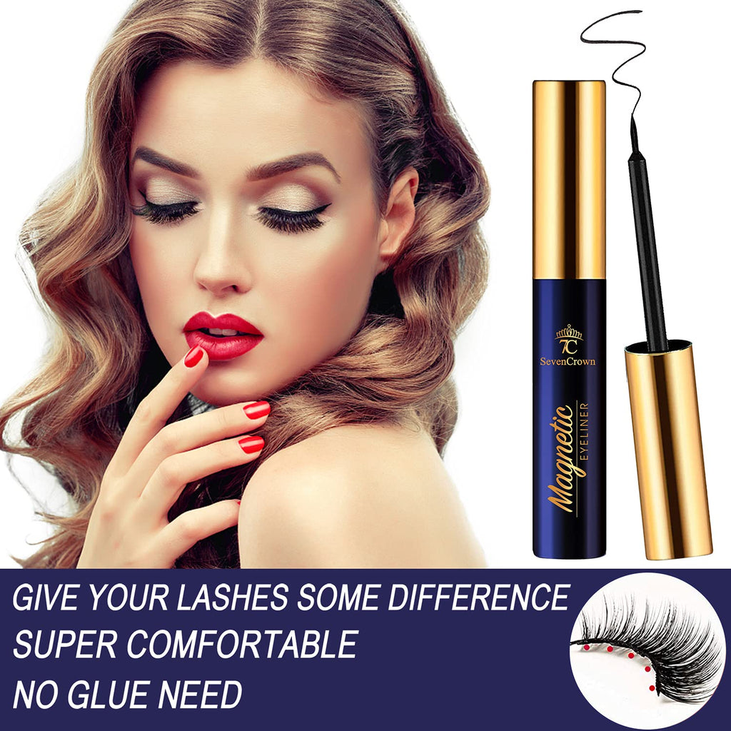 SevenCrown Magnetic Lashes Kit: 10 Pairs, 3D Medium Cat Eye, Upgraded Magnetic Liner