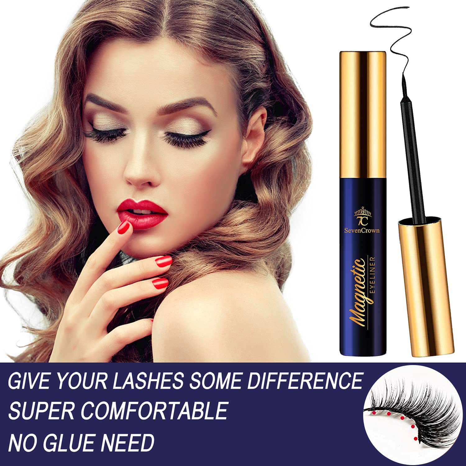 SevenCrown Magnetic Lashes Kit: 10 Pairs, 3D Medium Cat Eye, Upgraded Magnetic Liner