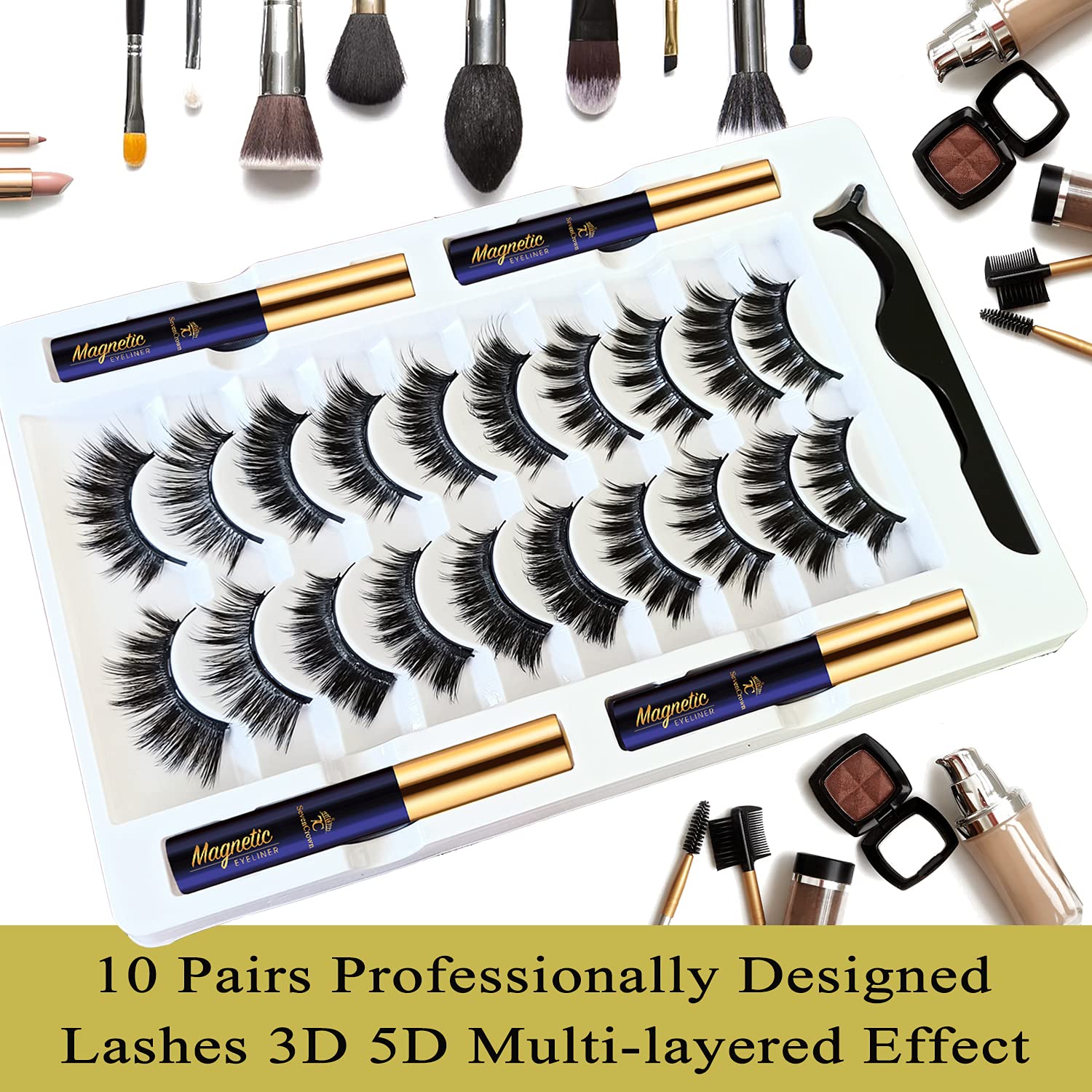 SevenCrown Magnetic Lashes Kit: 10 Pairs, 3D Medium Cat Eye, Upgraded Magnetic Liner
