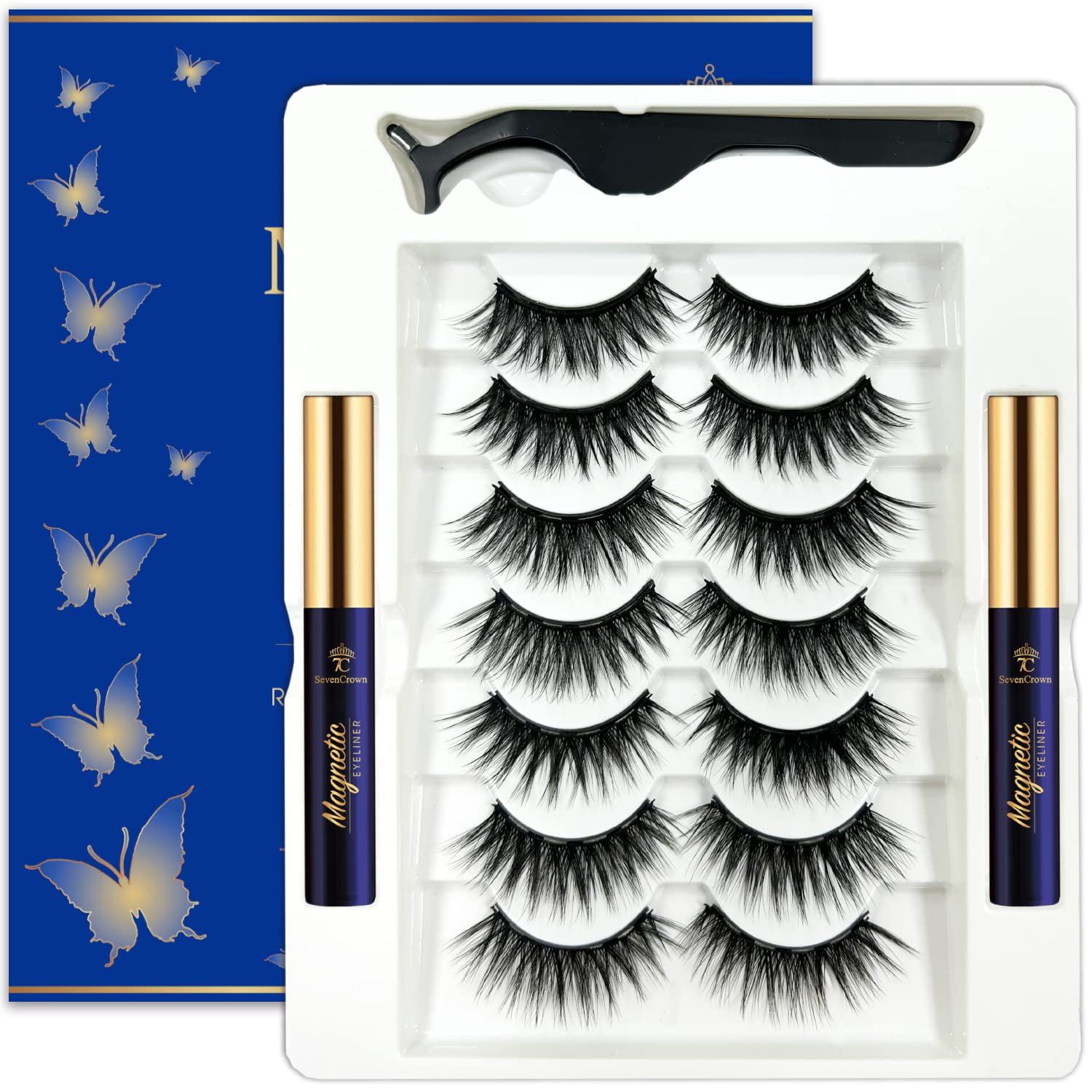 7C SEVENCROWN Magnetic Eyelashes – Natural Cat-Eye, 7 Pairs, Reusable with Magnetic Liner & Applicator