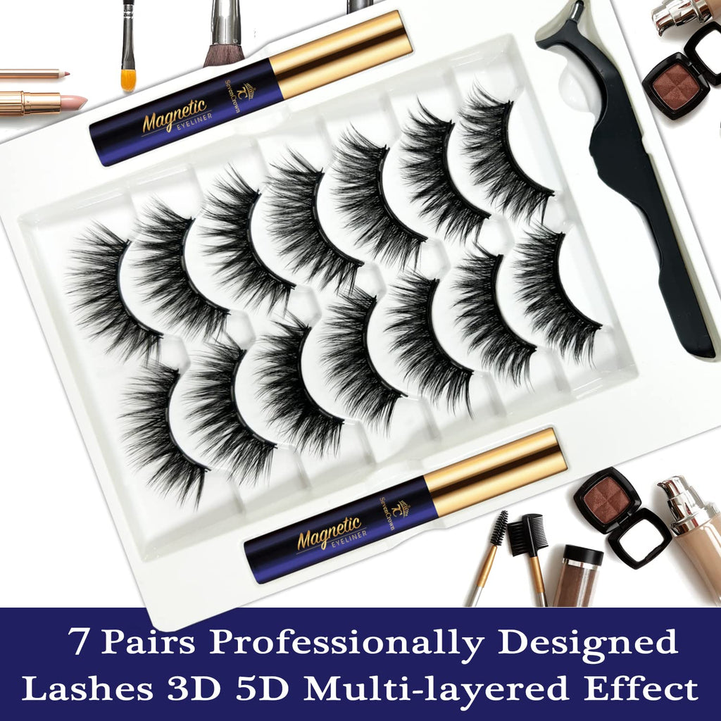 7C SEVENCROWN Magnetic Eyelashes – Natural Cat-Eye, 7 Pairs, Reusable with Magnetic Liner & Applicator
