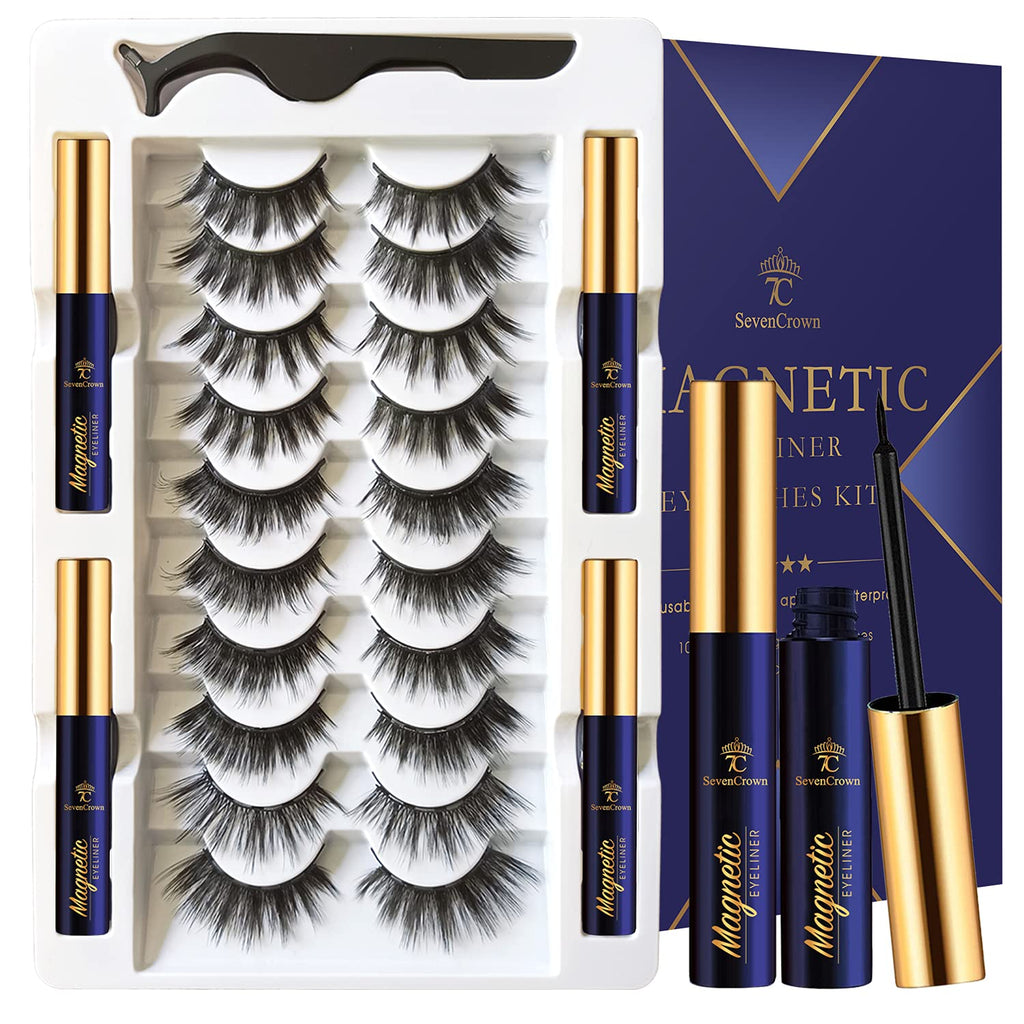 SevenCrown Magnetic Lashes Kit: 10 Pairs, 3D Medium Cat Eye, Upgraded Magnetic Liner