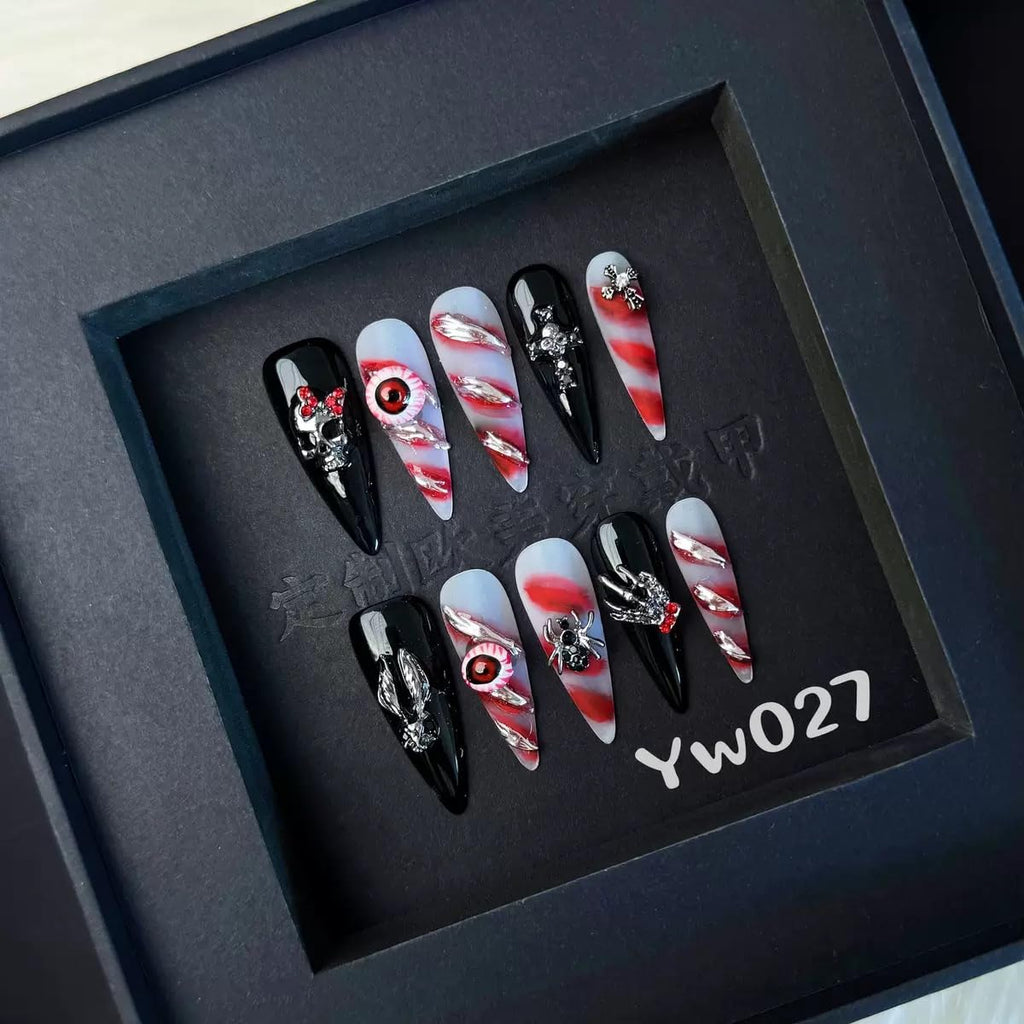Sevgob 5D Handmade Press-On Nails – Black Long Stiletto Gothic Halloween Nails with Skeleton Evil Eye & Spider Charms