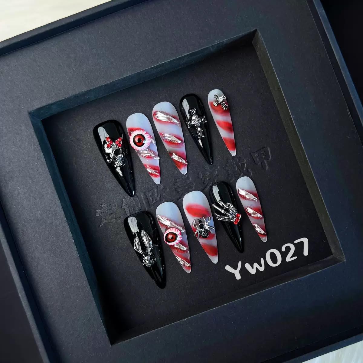 Sevgob 5D Handmade Press-On Nails – Black Long Stiletto Gothic Halloween Nails with Skeleton Evil Eye & Spider Charms