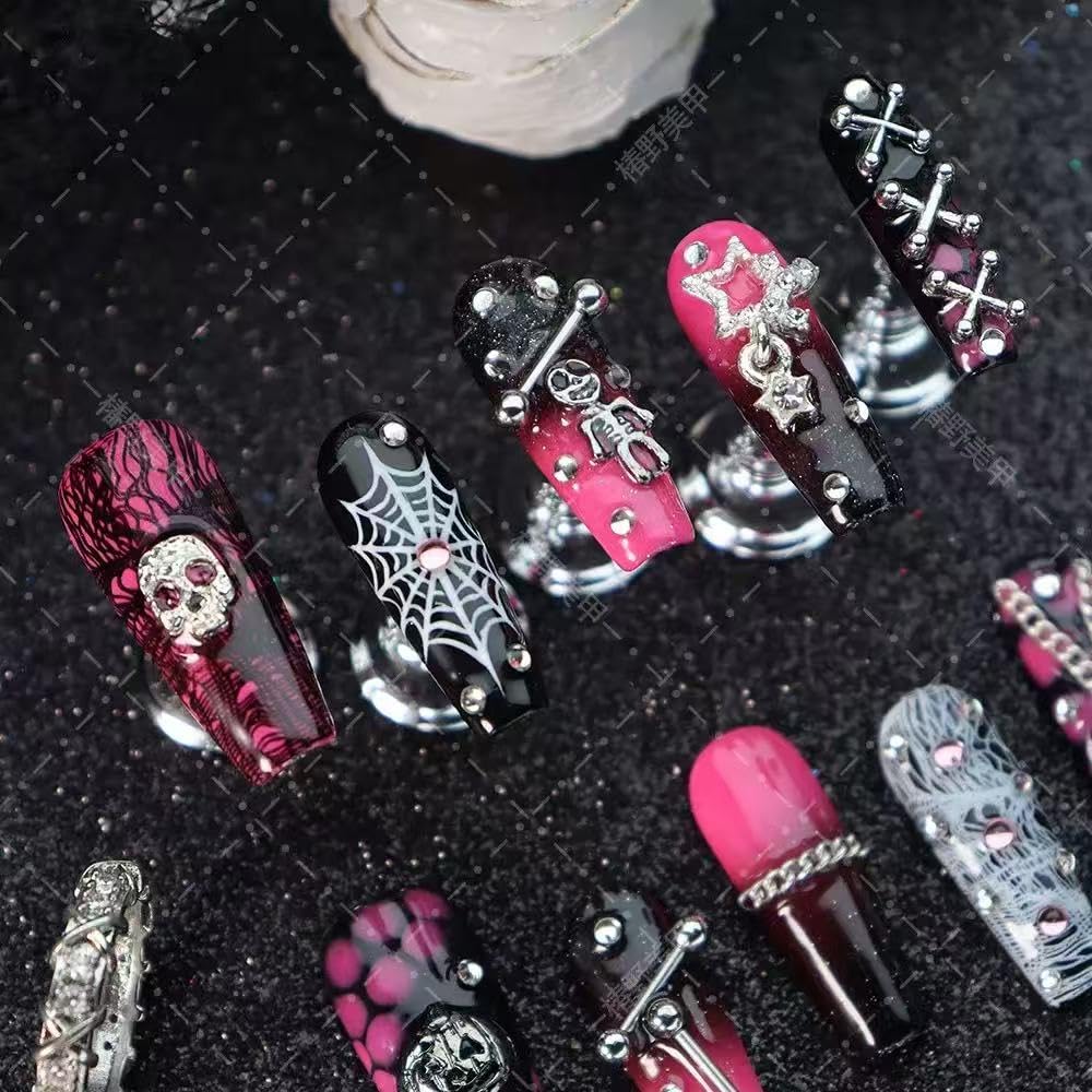Sevgob 100% Handmade Halloween Press-On Nails – Long Coffin with Skeleton & Pumpkin Charms, Ombre Pink to Black