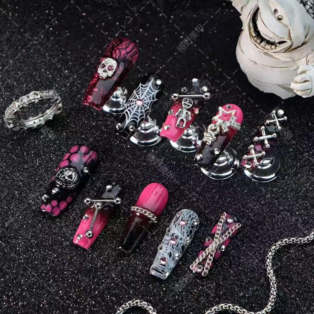 Sevgob 100% Handmade Halloween Press-On Nails – Long Coffin with Skeleton & Pumpkin Charms, Ombre Pink to Black