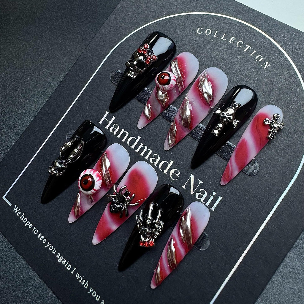 Sevgob 5D Handmade Press-On Nails – Black Long Stiletto Gothic Halloween Nails with Skeleton Evil Eye & Spider Charms