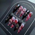 Sevgob 5D Handmade Press-On Nails – Black Long Stiletto Gothic Halloween Nails with Skeleton Evil Eye & Spider Charms