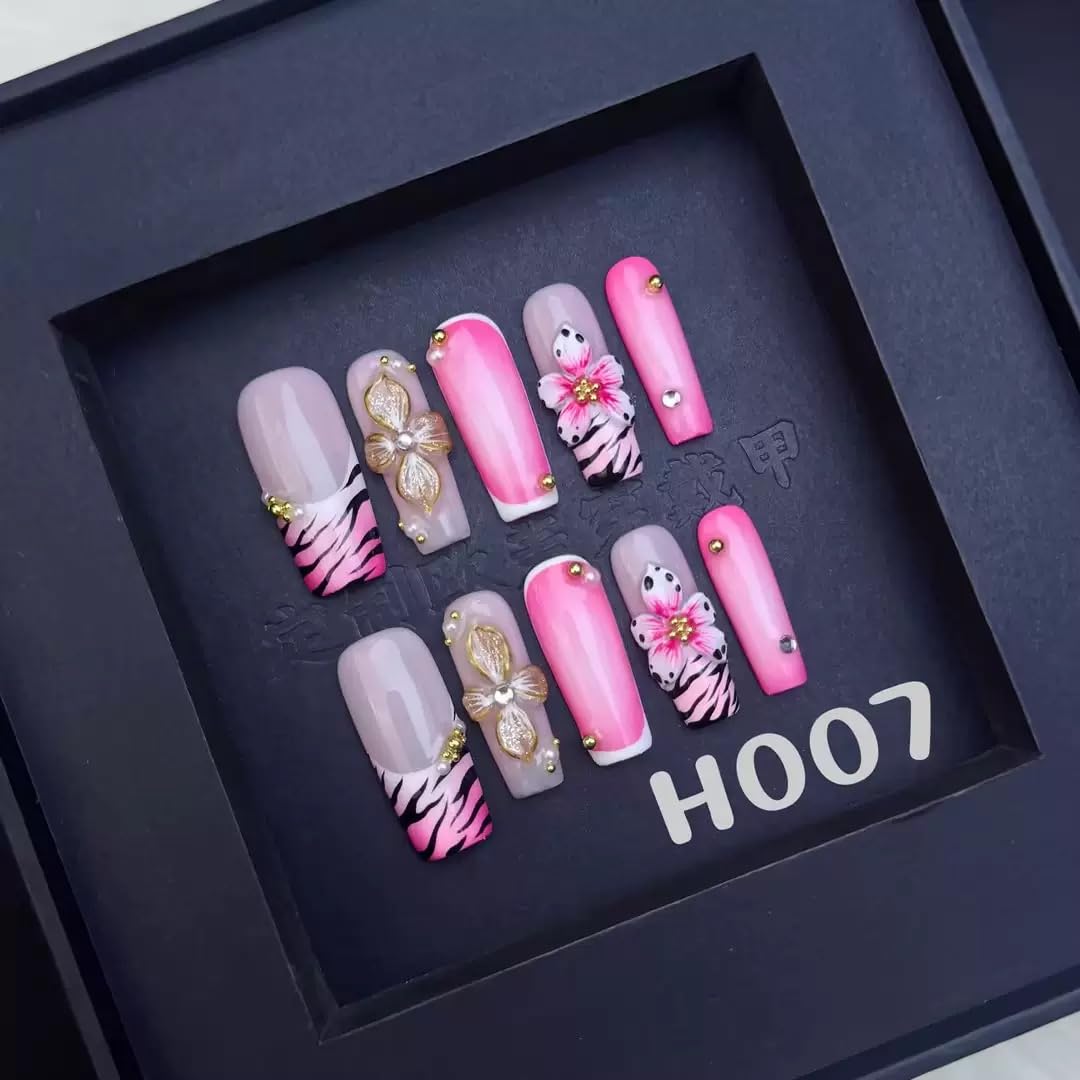 Sevgob 5D Handmade Press On Nails – Pink Flower Long Square Embossed Floral (10 Pcs)