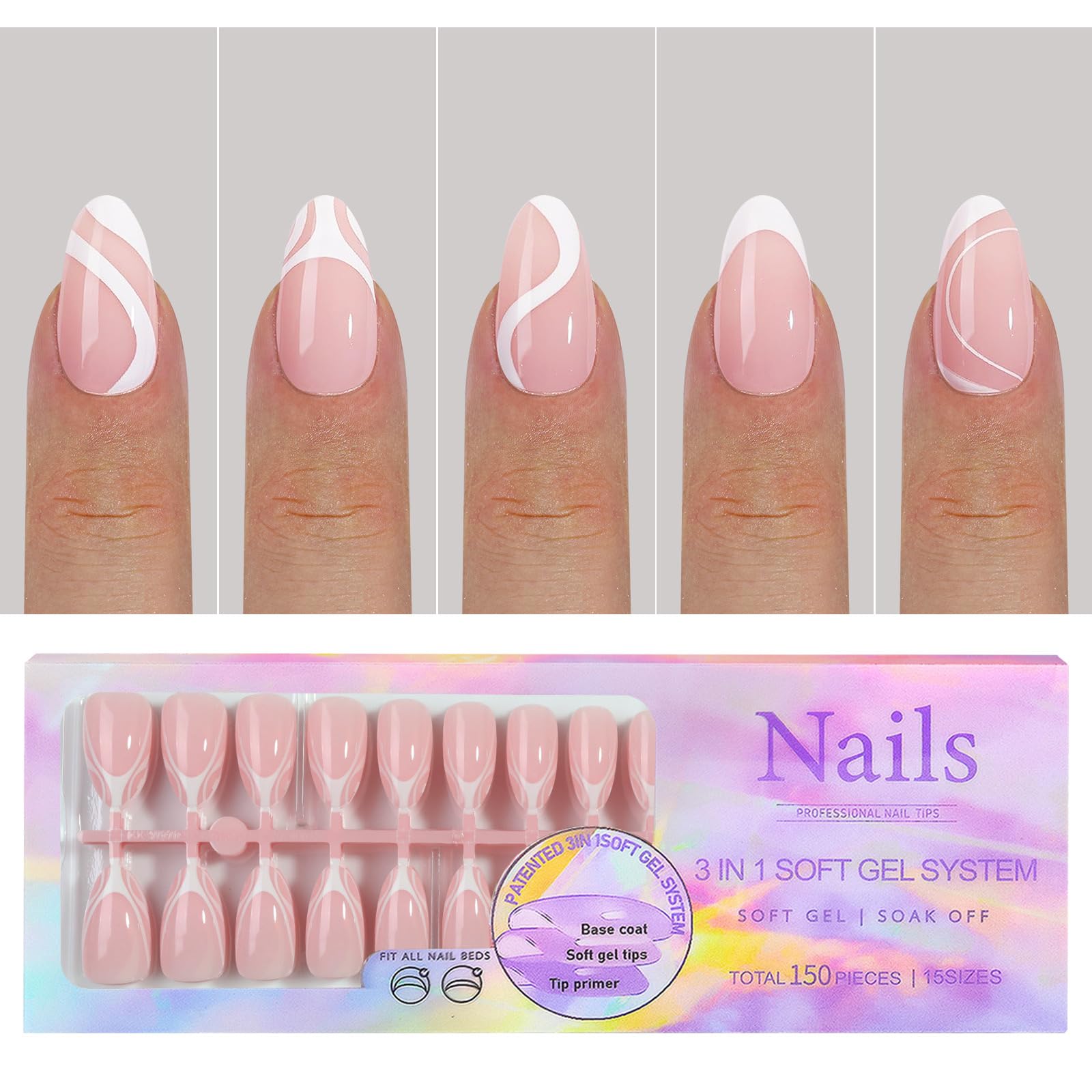 Sevgob 150Pcs White French Tip Press-On Nails – Medium Almond, 15 Sizes, 3-in-1 Soft Gel Tips