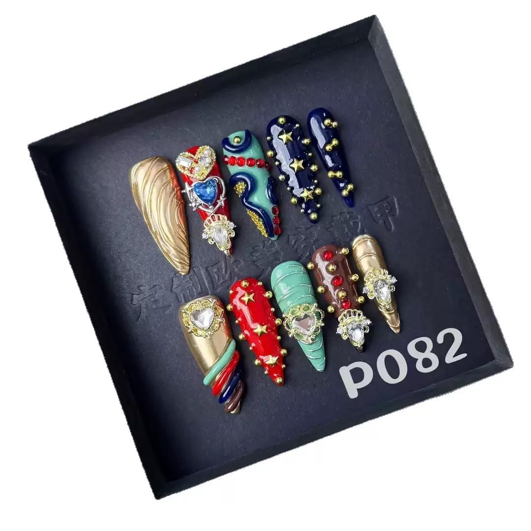 Sevgob 5D Handmade Heart Charm Long Stiletto Press-On Nails – 10 Pcs Box, DIY Manicure Kit