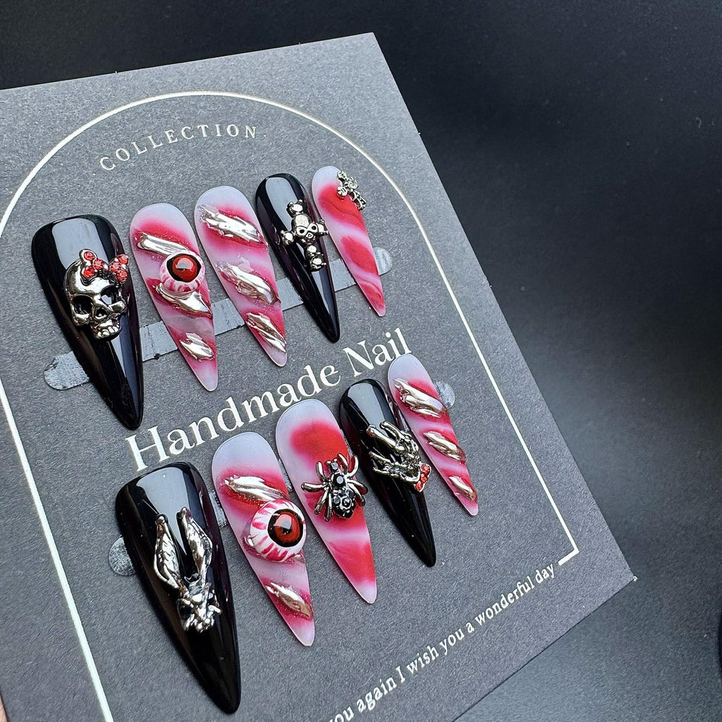 Sevgob 5D Handmade Press-On Nails – Black Long Stiletto Gothic Halloween Nails with Skeleton Evil Eye & Spider Charms