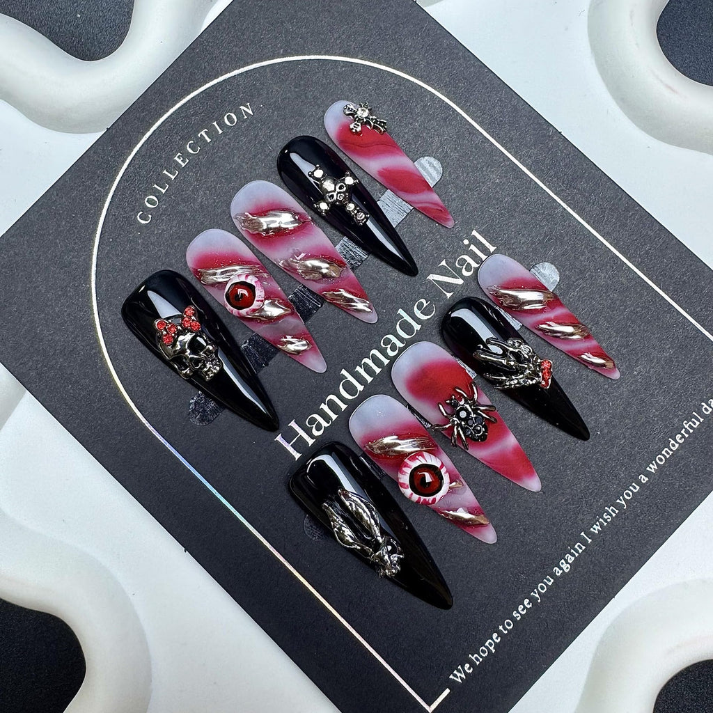 Sevgob 5D Handmade Press-On Nails – Black Long Stiletto Gothic Halloween Nails with Skeleton Evil Eye & Spider Charms