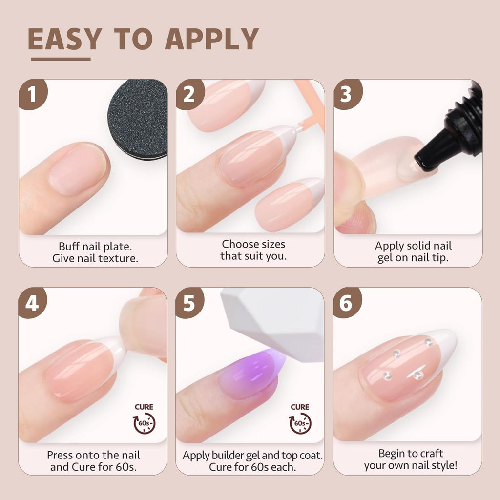Sevgob 150Pcs White French Tip Press-On Nails – Medium Almond, 15 Sizes, 3-in-1 Soft Gel Tips