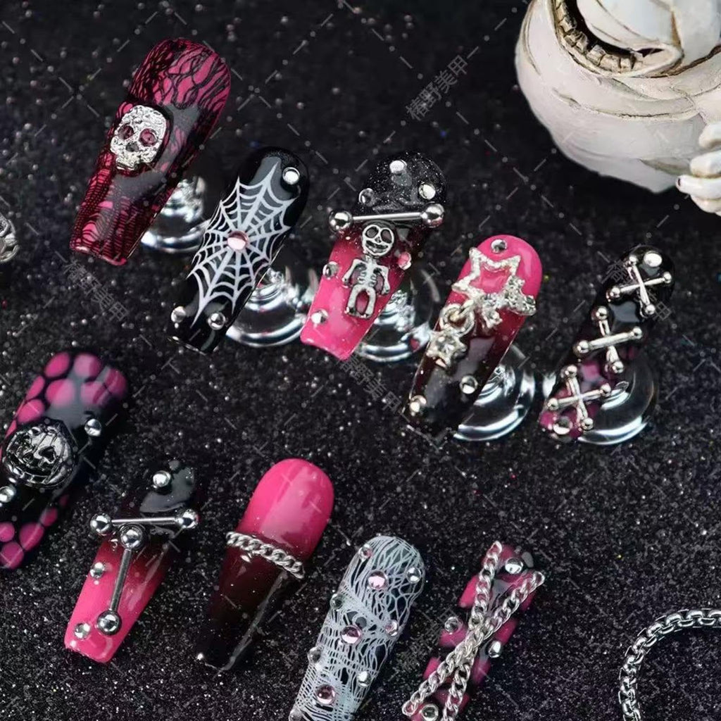 Sevgob 100% Handmade Halloween Press-On Nails – Long Coffin with Skeleton & Pumpkin Charms, Ombre Pink to Black