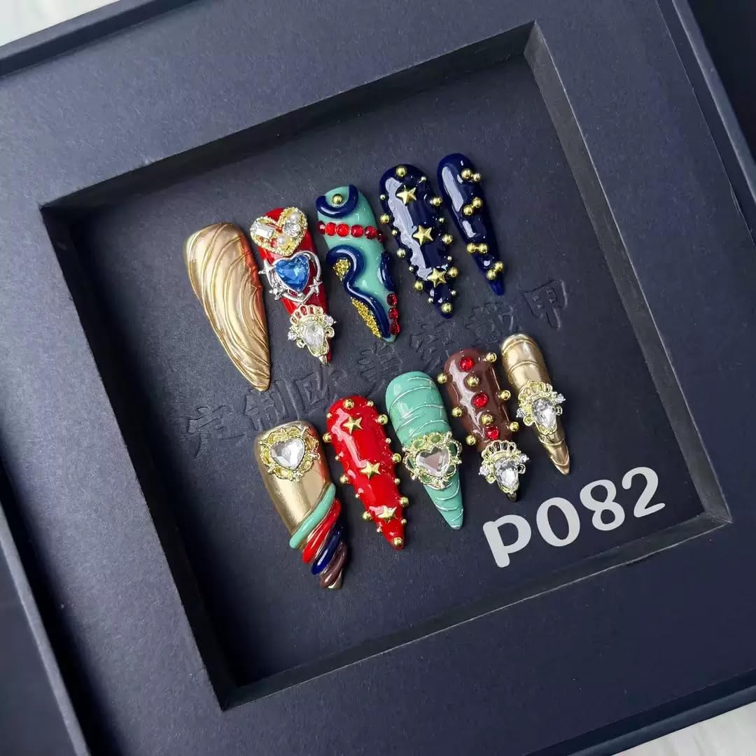 Sevgob 5D Handmade Heart Charm Long Stiletto Press-On Nails – 10 Pcs Box, DIY Manicure Kit