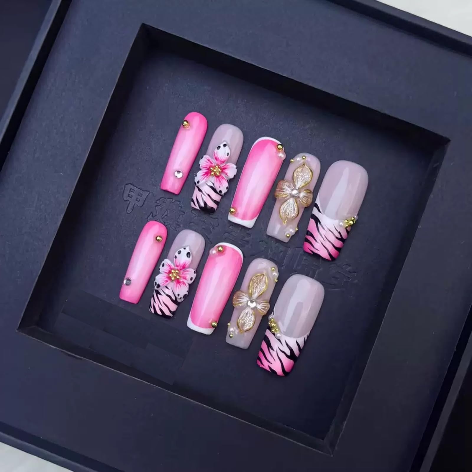 Sevgob 5D Handmade Press On Nails – Pink Flower Long Square Embossed Floral (10 Pcs)