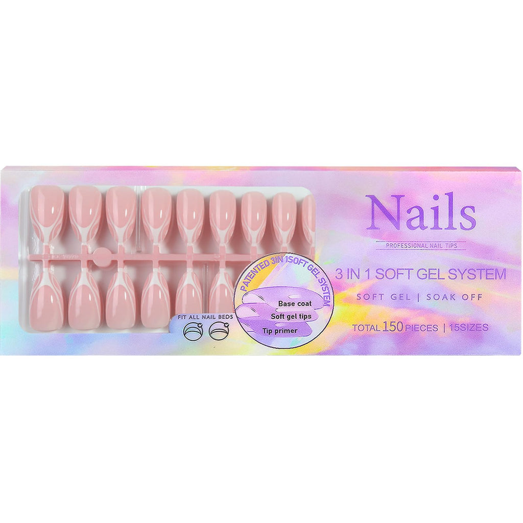 Sevgob 150Pcs White French Tip Press-On Nails – Medium Almond, 15 Sizes, 3-in-1 Soft Gel Tips
