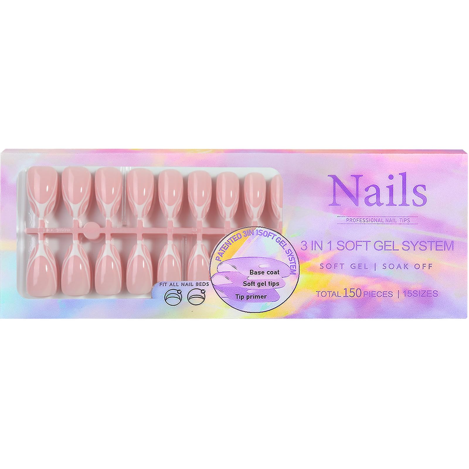 Sevgob 150Pcs White French Tip Press-On Nails – Medium Almond, 15 Sizes, 3-in-1 Soft Gel Tips