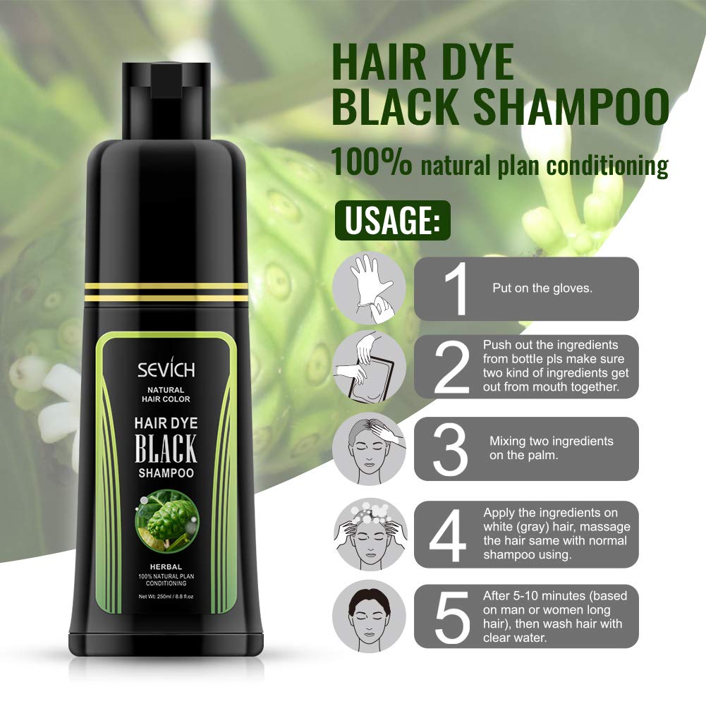 SEVICH Black Hair Shampoo – Instantly Black Hair Dye with Noni Essence, Grey Cover, 250ml