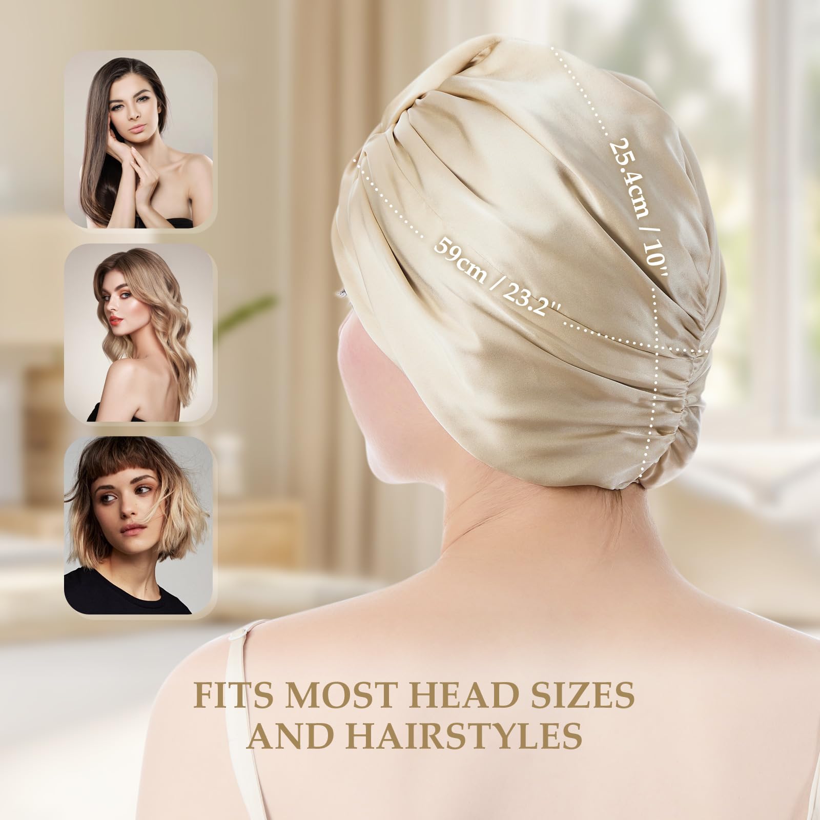 SGMSILK Silk Bonnet for Sleeping Women – 100% Mulberry Silk Sleep Cap with Elastic Band | Champagne