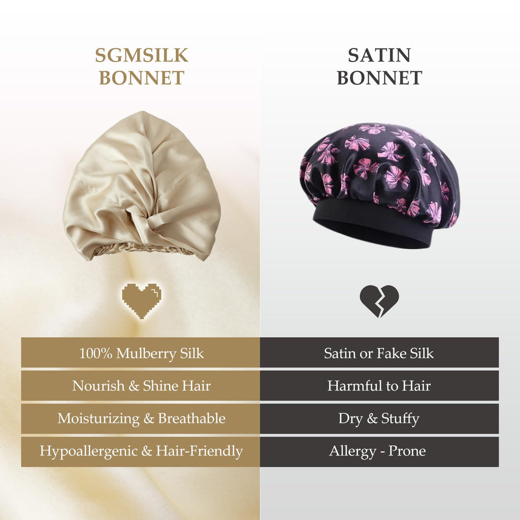 SGMSILK Silk Bonnet for Sleeping Women – 100% Mulberry Silk Sleep Cap with Elastic Band | Champagne