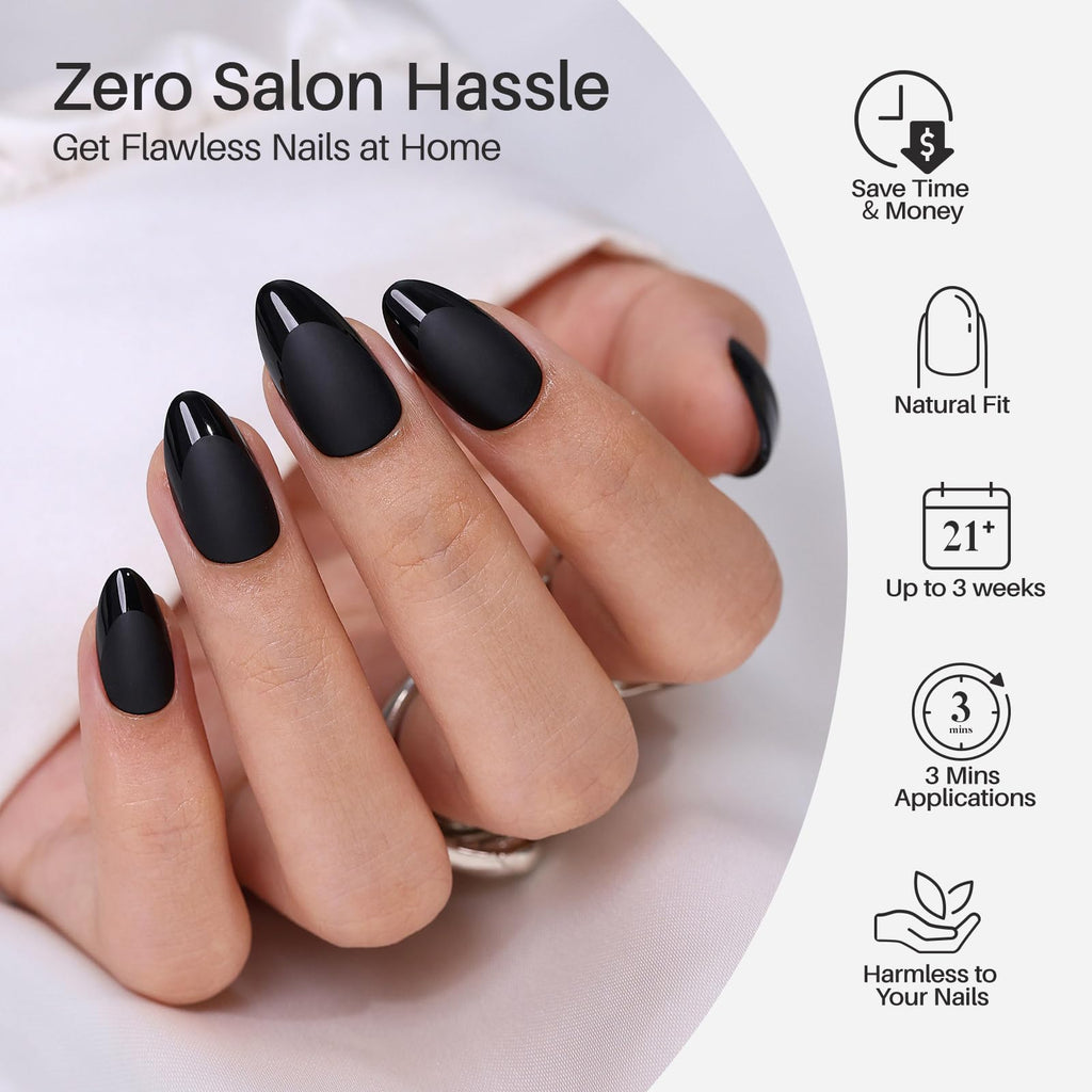 ShangMeng Soft Gel Almond Nails – Matte Black Press-On with Glossy French Tips (32 Reusable Nails)