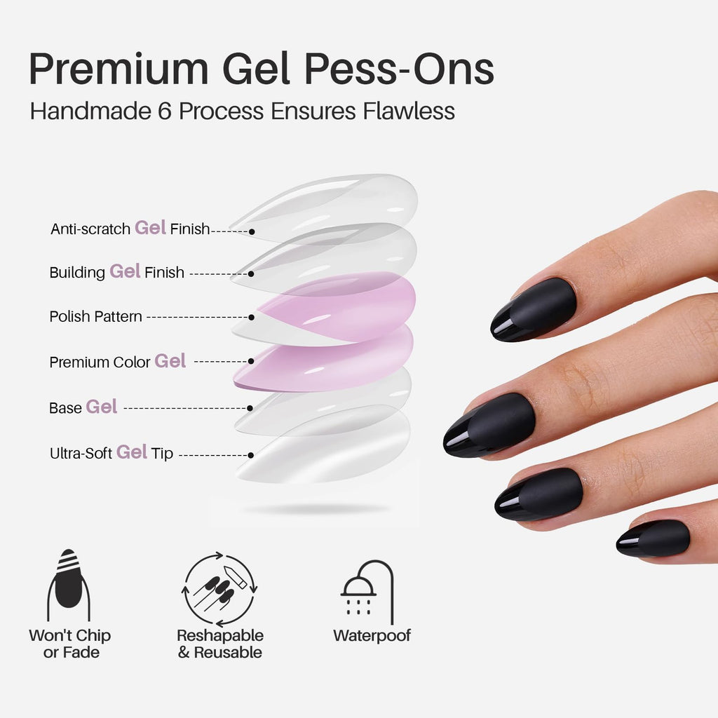 ShangMeng Soft Gel Almond Nails – Matte Black Press-On with Glossy French Tips (32 Reusable Nails)