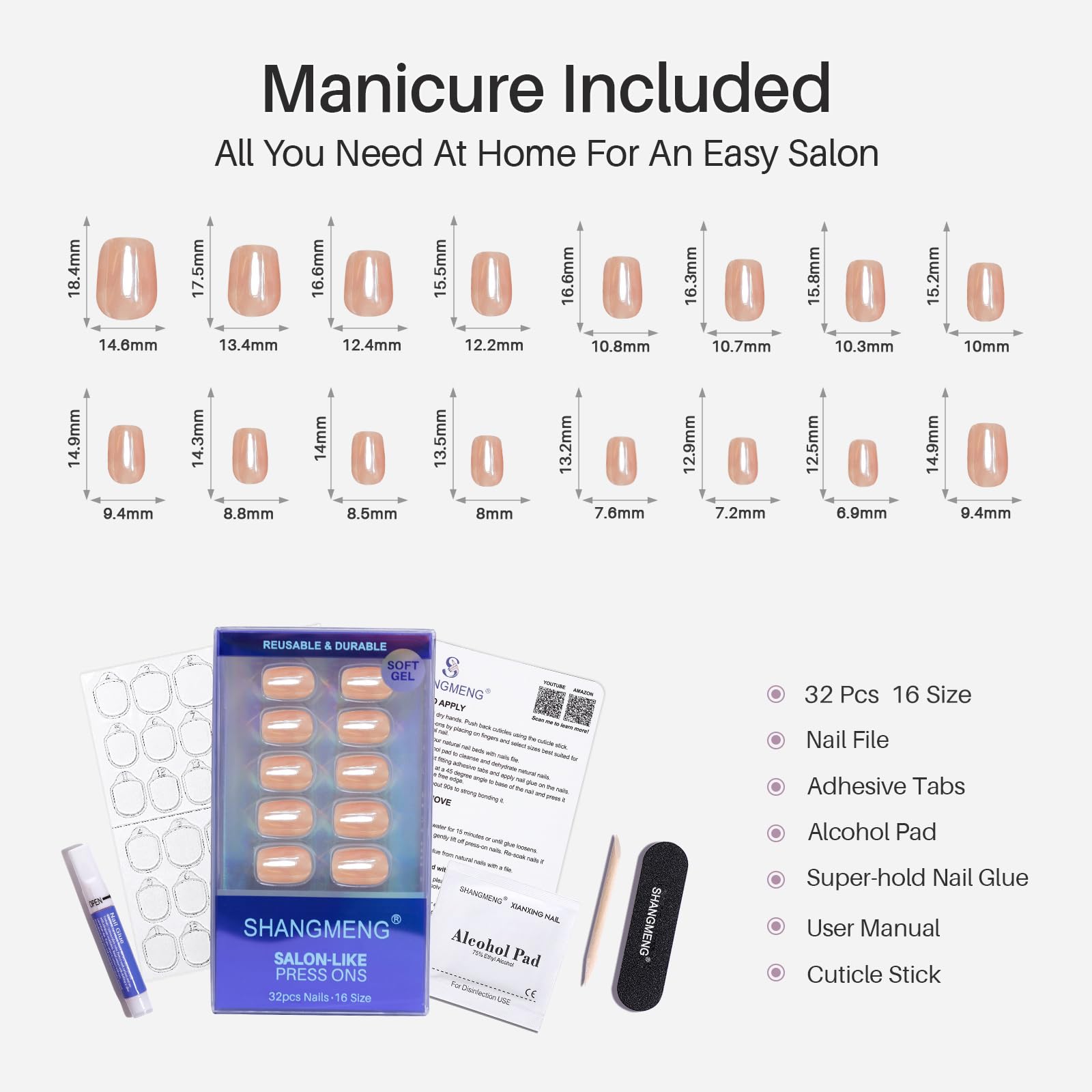 ShangMeng Nude Chrome Press on Nails Square – Soft Gel Short, 32 Reusable Nails, 16 Sizes