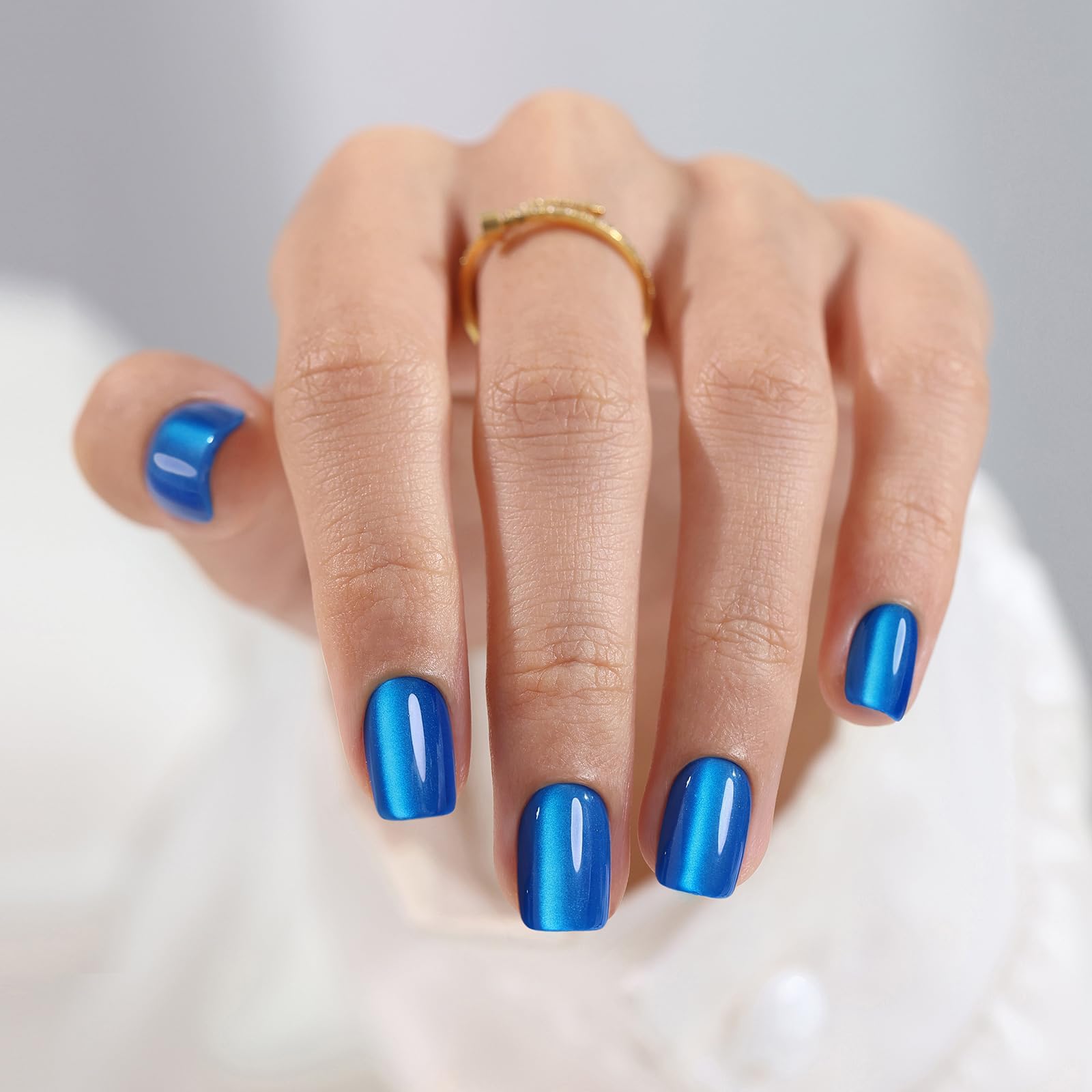 ShangMeng Blue Cat Eye Press-On Nails Square - Short Gel Nails Royal Blue, 32 Reusable, 16 Sizes