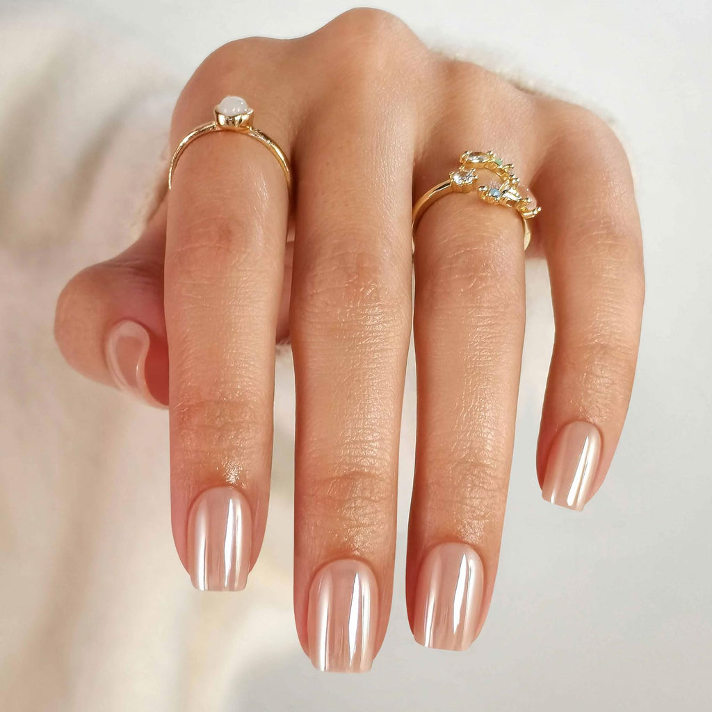 ShangMeng Nude Chrome Press on Nails Square – Soft Gel Short, 32 Reusable Nails, 16 Sizes