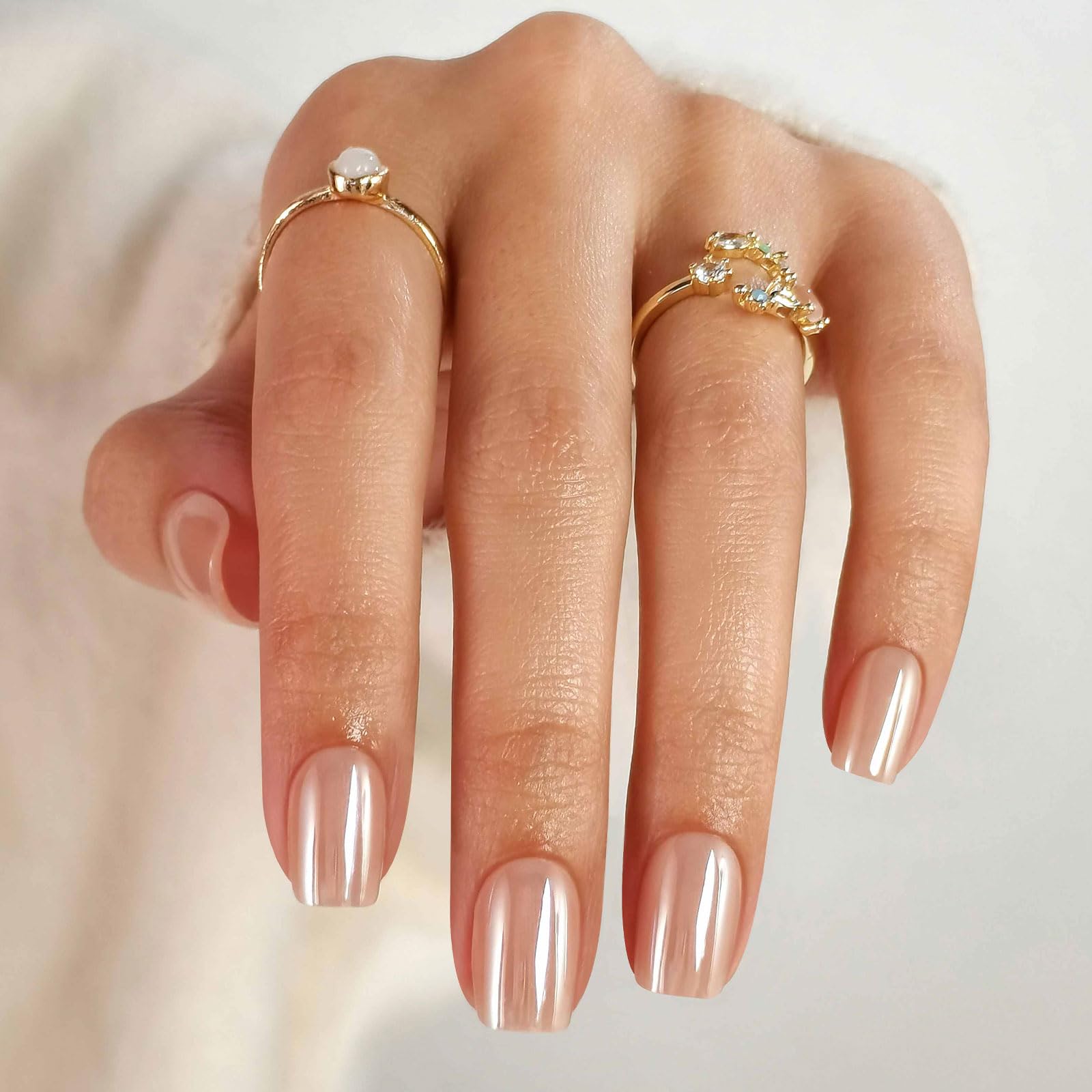 ShangMeng Nude Chrome Press on Nails Square – Soft Gel Short, 32 Reusable Nails, 16 Sizes