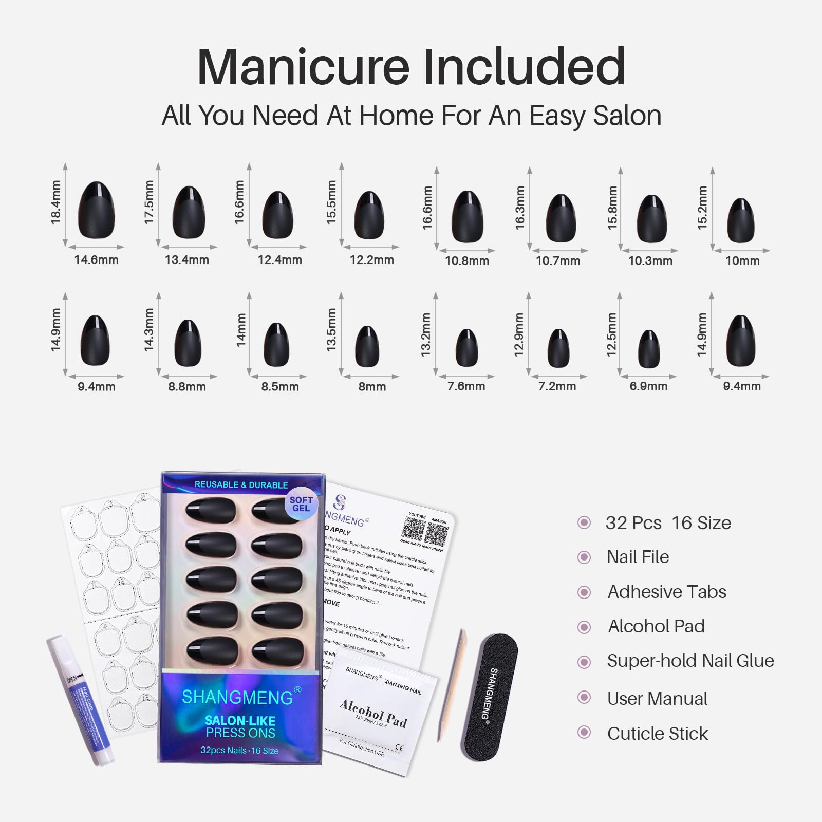 ShangMeng Soft Gel Almond Nails – Matte Black Press-On with Glossy French Tips (32 Reusable Nails)